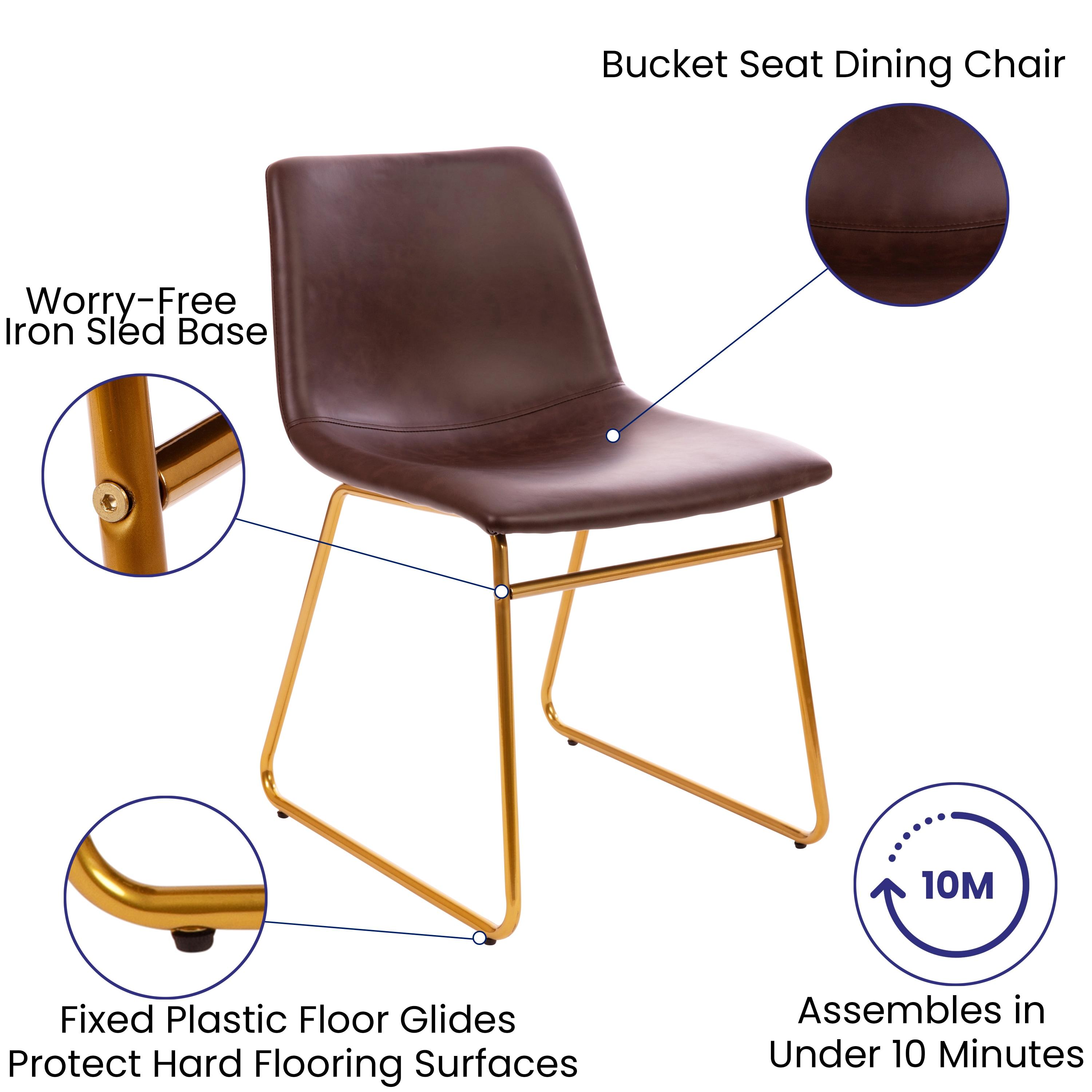 Flash Furniture Butler 18 inch Dining Table Height Chair, Mid-Back Sled Base Dining Chair in Dark Brown LeatherSoft with Gold Frame, Set of 2