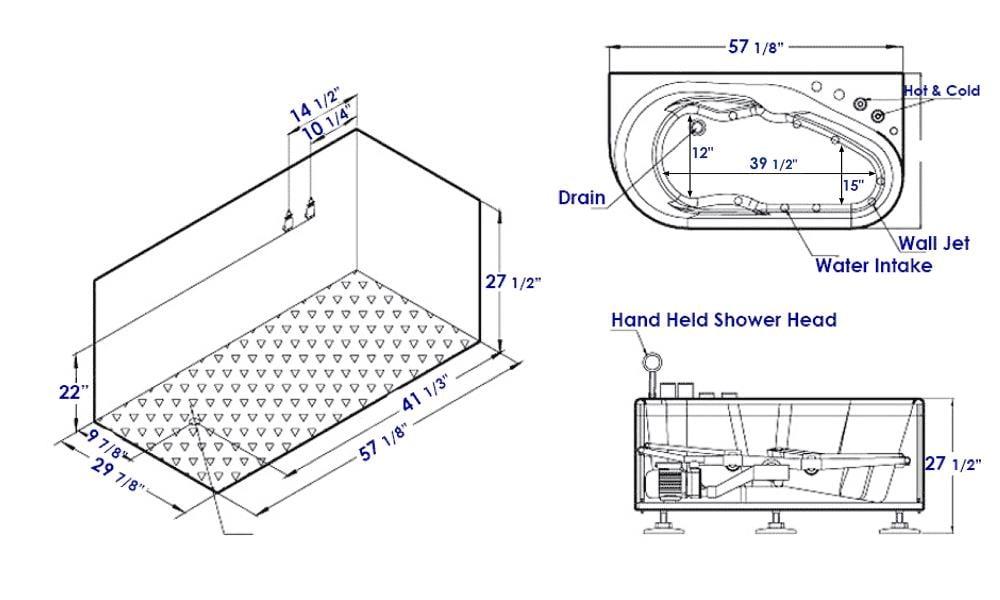 57.13'' x 29.88'' Corner Fiberglass Bathtub with Faucet