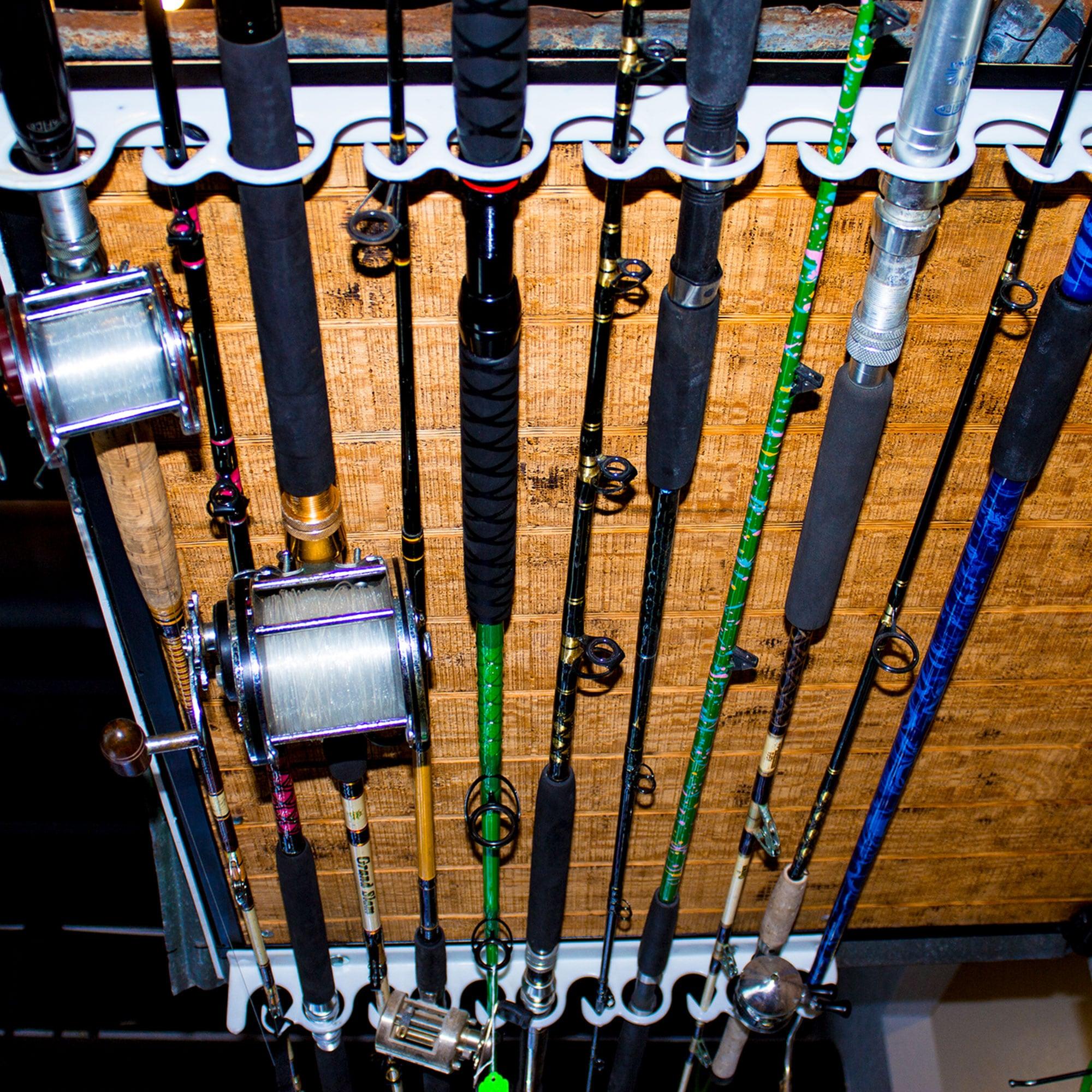 Piranha FD011 Original Vinyl Coated Steel Indoor Outdoor Compact Overhead and Wall Mount Fishing Rod Rack with Installation Hardware, Holds 11 Rods