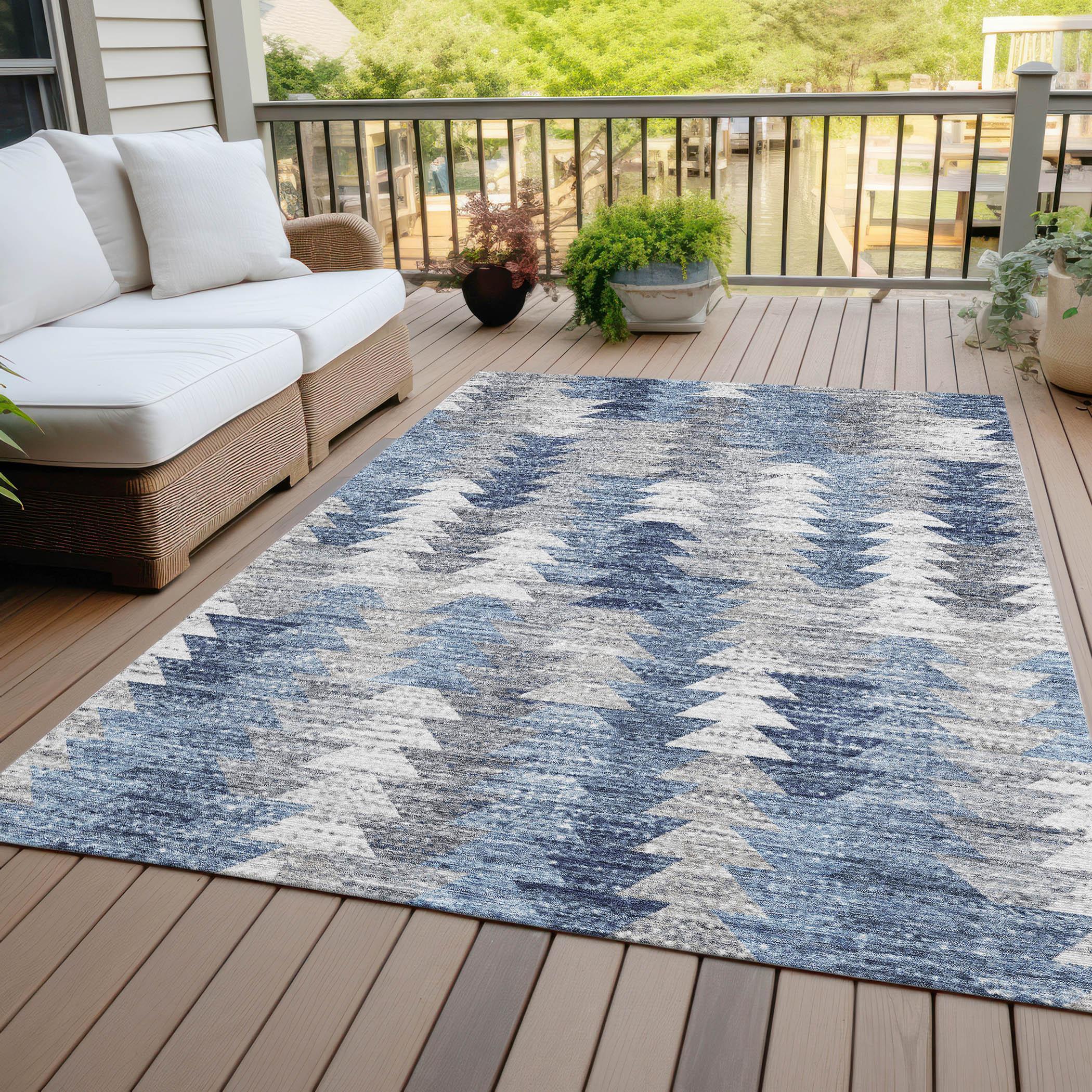 Blue and Gray Geometric Pattern Washable Rug