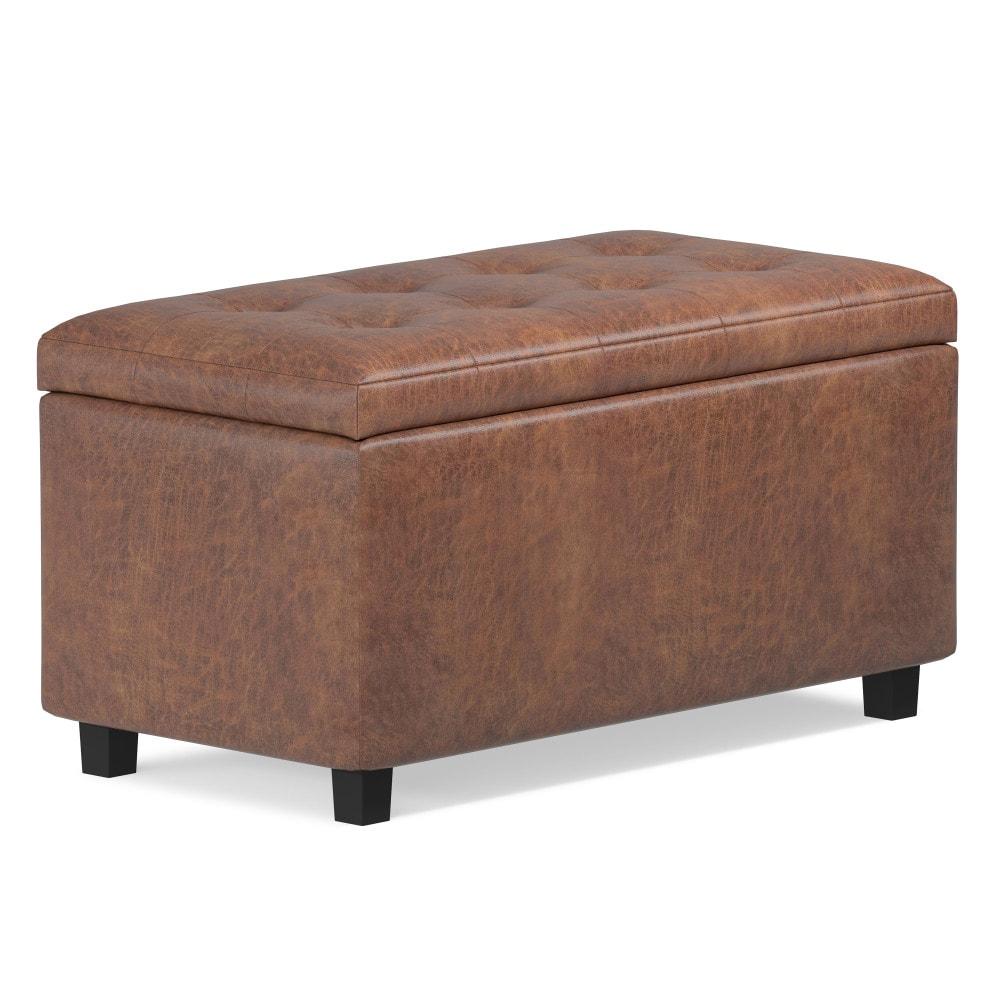 Simpli Home Cosmopolitan 34"W Upholstered Storage Ottoman with Tufted Design and Large Interior Storage