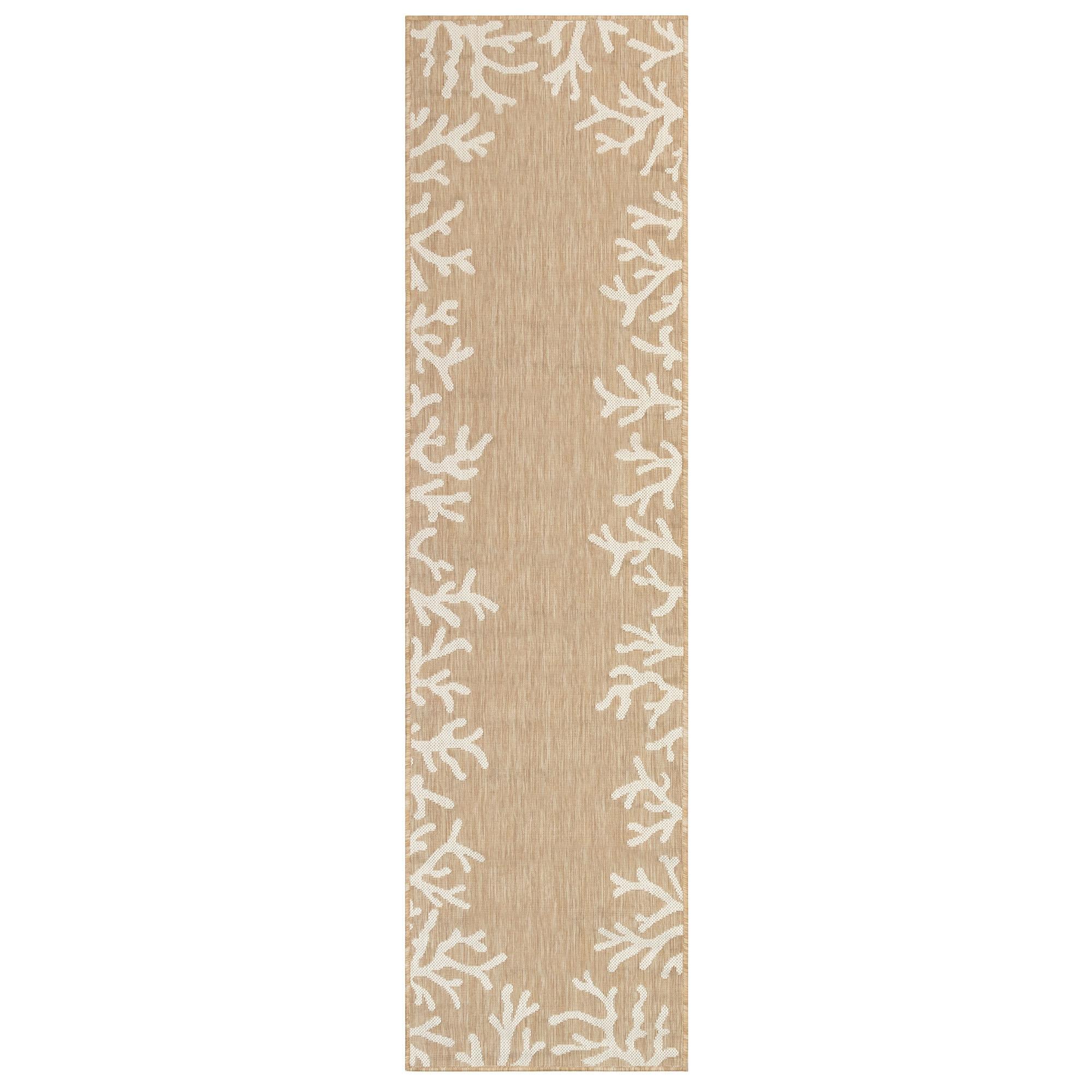 Liora Manne Carmel Indoor/Outdoor Power Loomed Synthetic Blend Low Profile Area Rug - Transitional Border Coastal Ocean Decorative (Coral Border Sand) (1'11" x 7'6")
