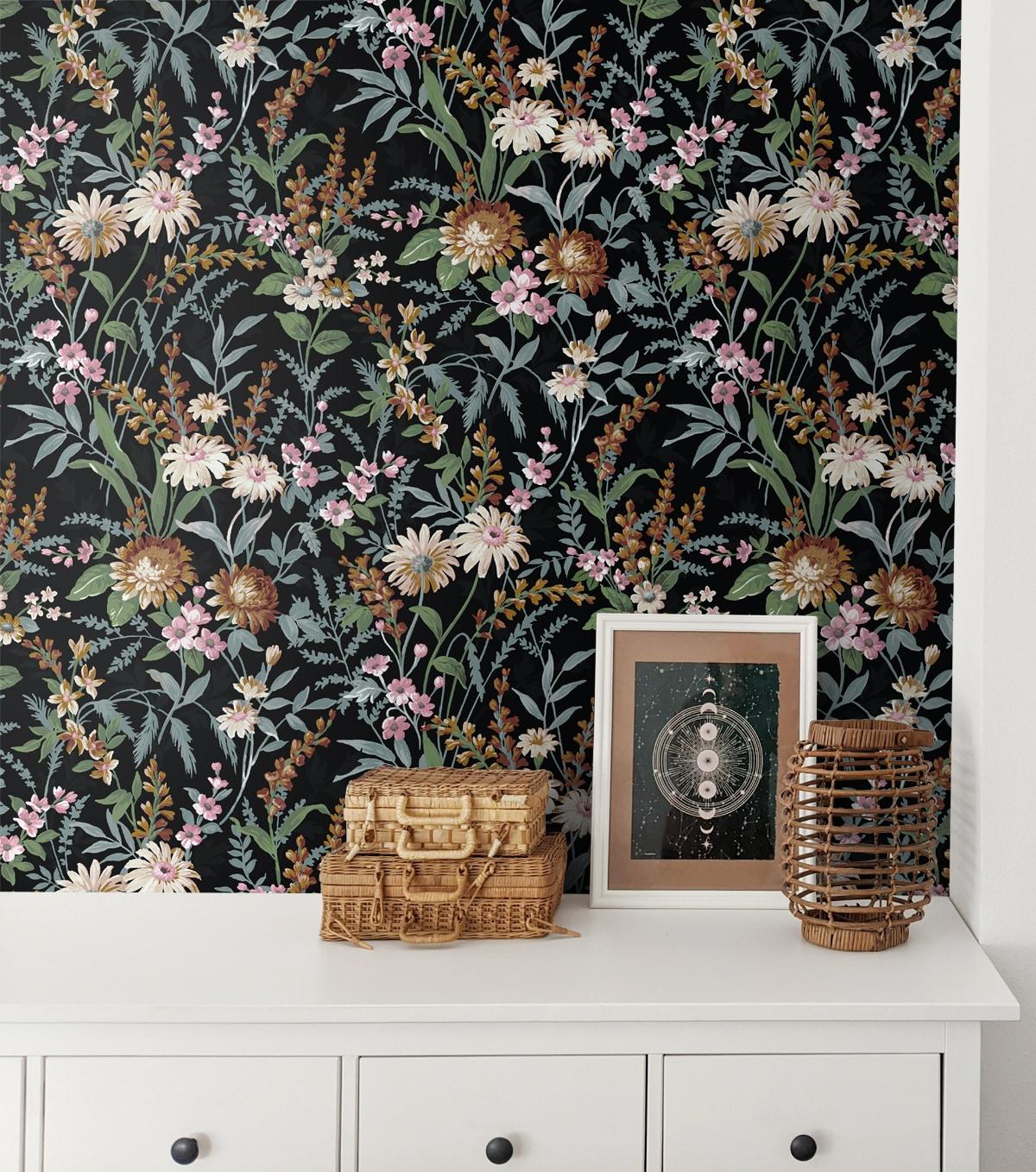 NextWall Vintage Floral Peel and Stick Wallpaper 20.5 in. W x 18 ft. L - Onyx