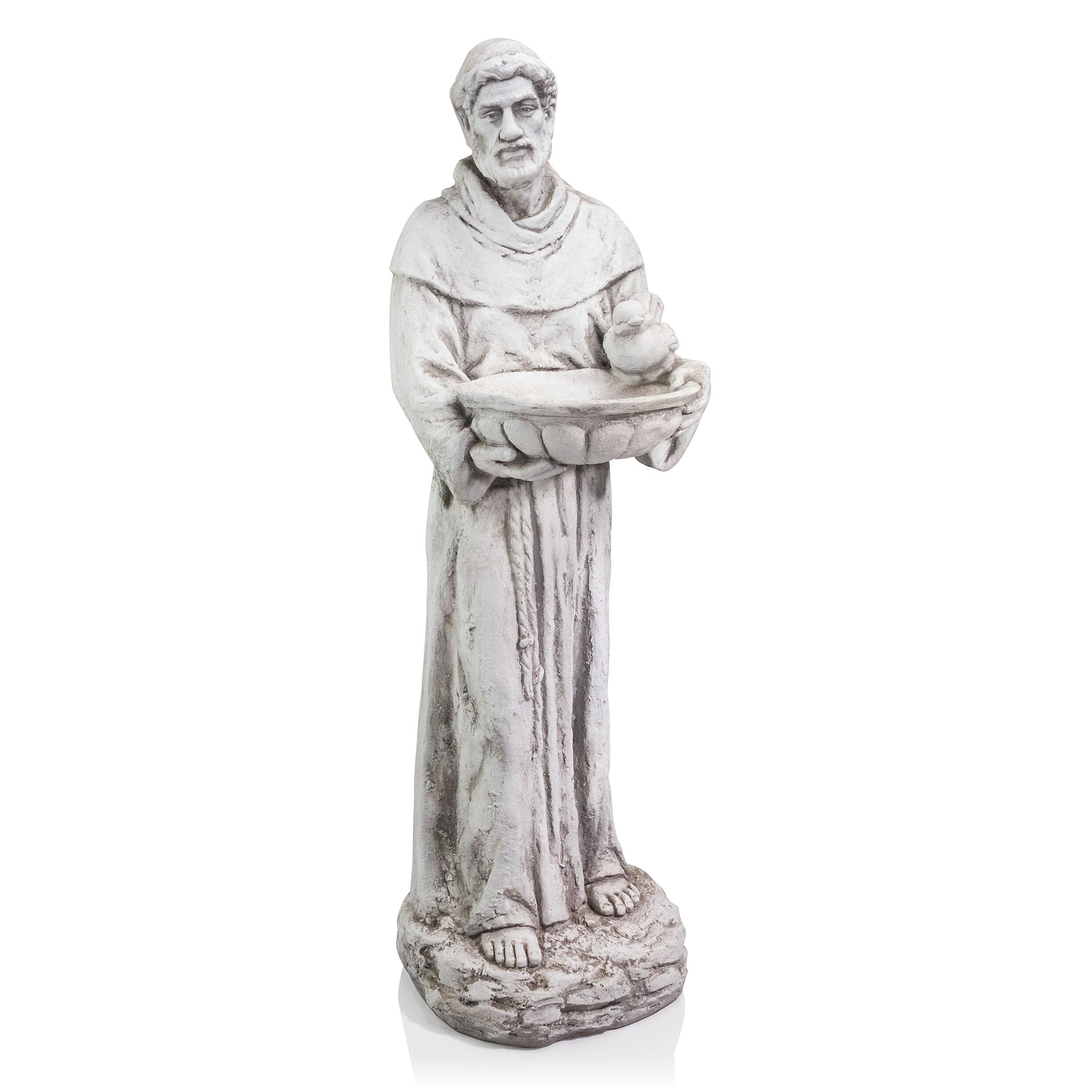 45 in. Tall Outdoor Saint Francis Birdbath Statue Yard Art Decoration, Light Gray