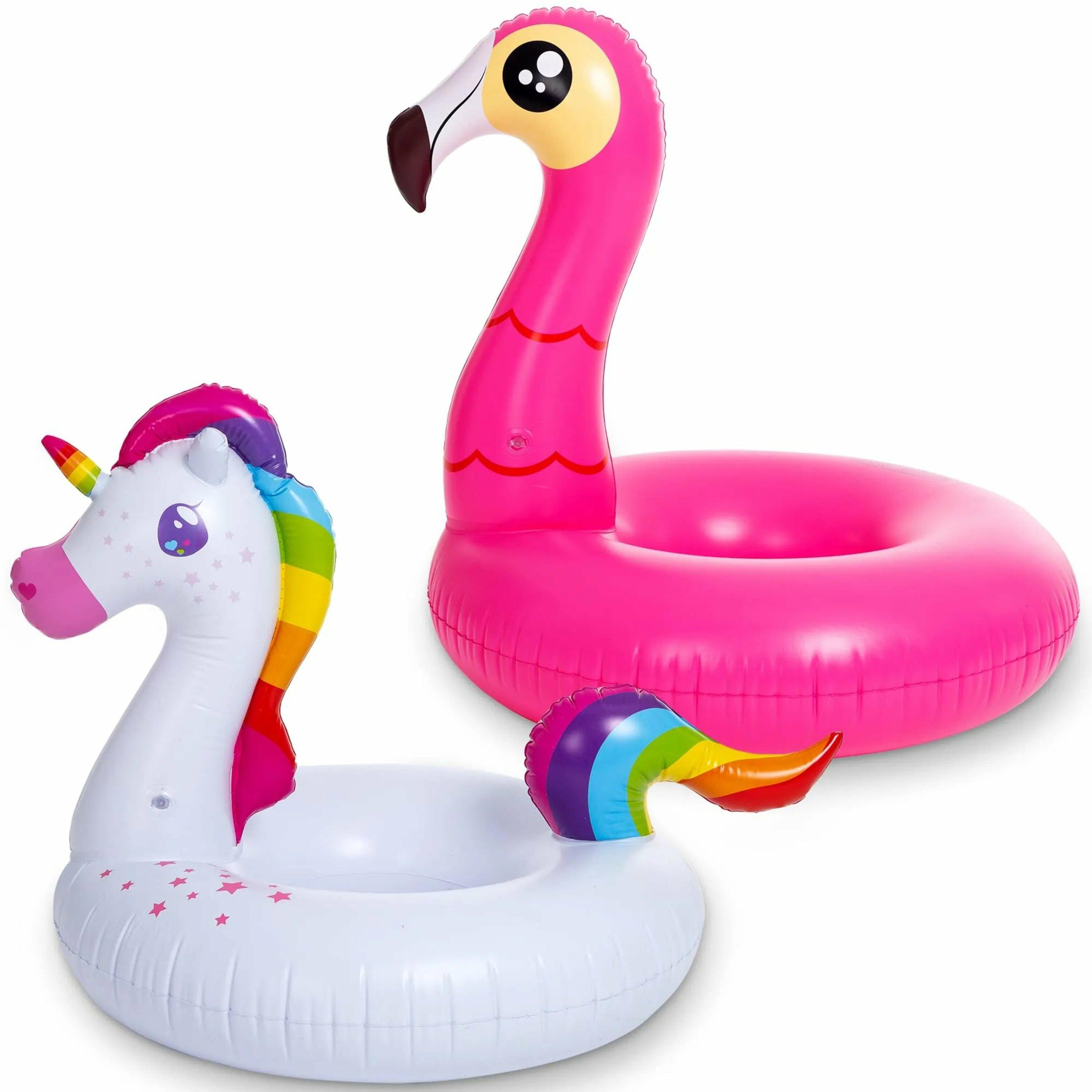 Joyfy 2 Packs Pool Floats Tube, Inflatable Unicorn Flamingo Pool Toys Floaties with Headrest, Pool Swim Ring for Kids Adults Beach Lake Summer Fun