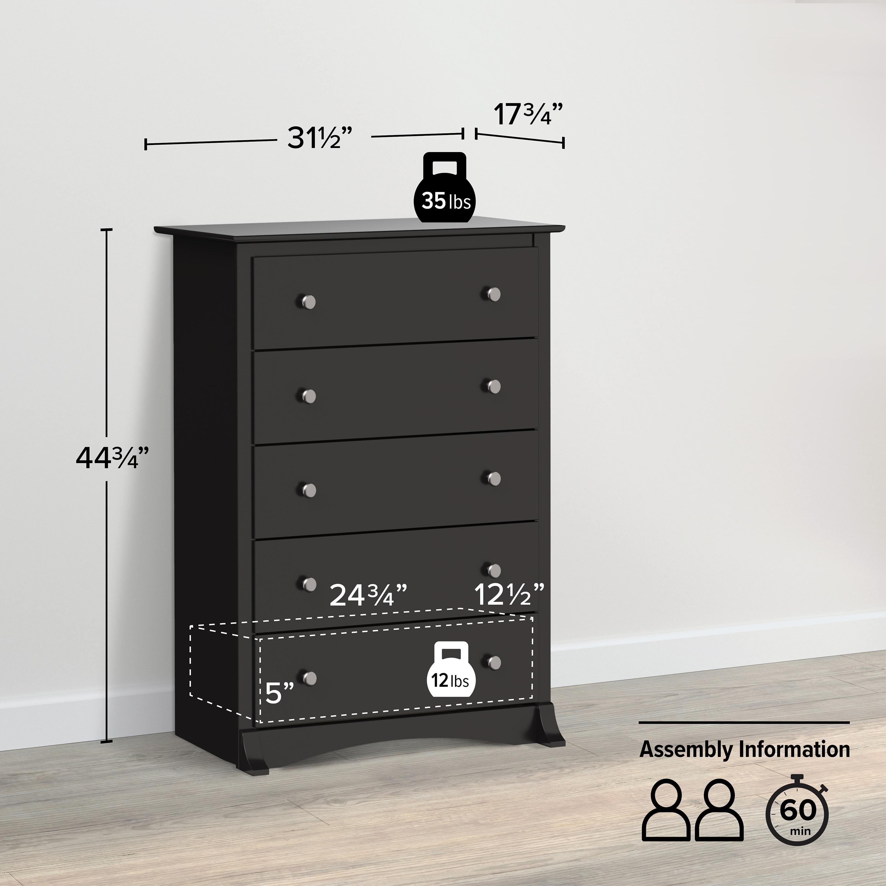 Prepac Sonoma Superior 5-Drawer Chest for Bedroom - Spacious and Stylish Chest of Drawers, Measuring 17.75"D x 31.5"W x 44.75"H, In Black Finish
