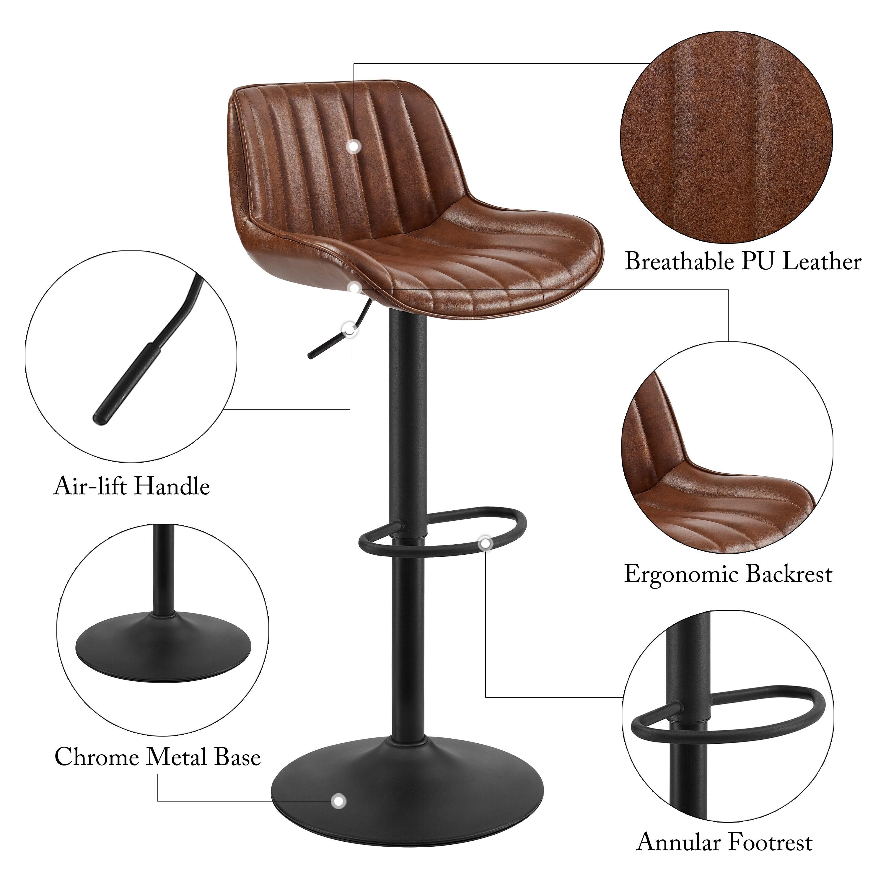 Art Leon Rustic Bar Stools Set of 2, Faux Leather with Backrest Chrome Legs, Upholstered Swivel Kitchen Stools, Cognac