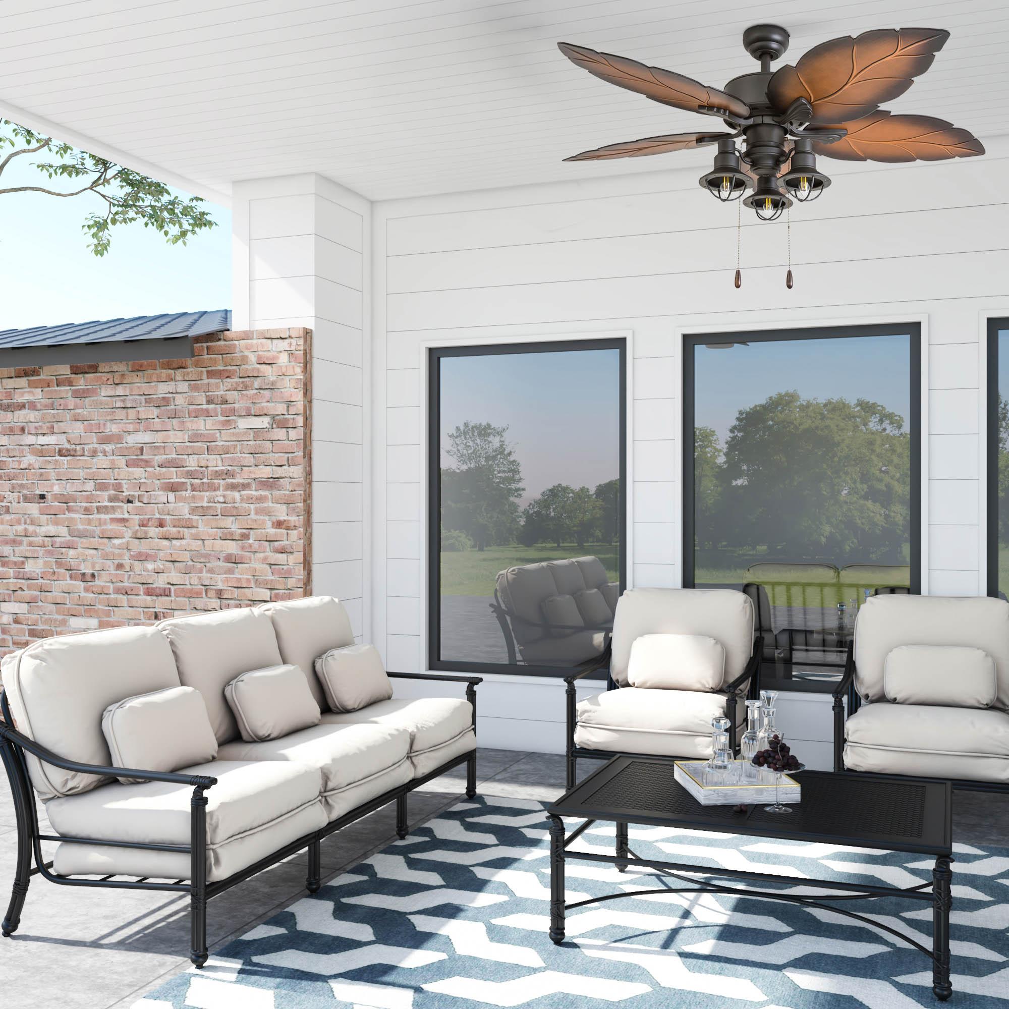52" Bronze Tropical Ceiling Fan with Palm Leaf Blades and LED Light