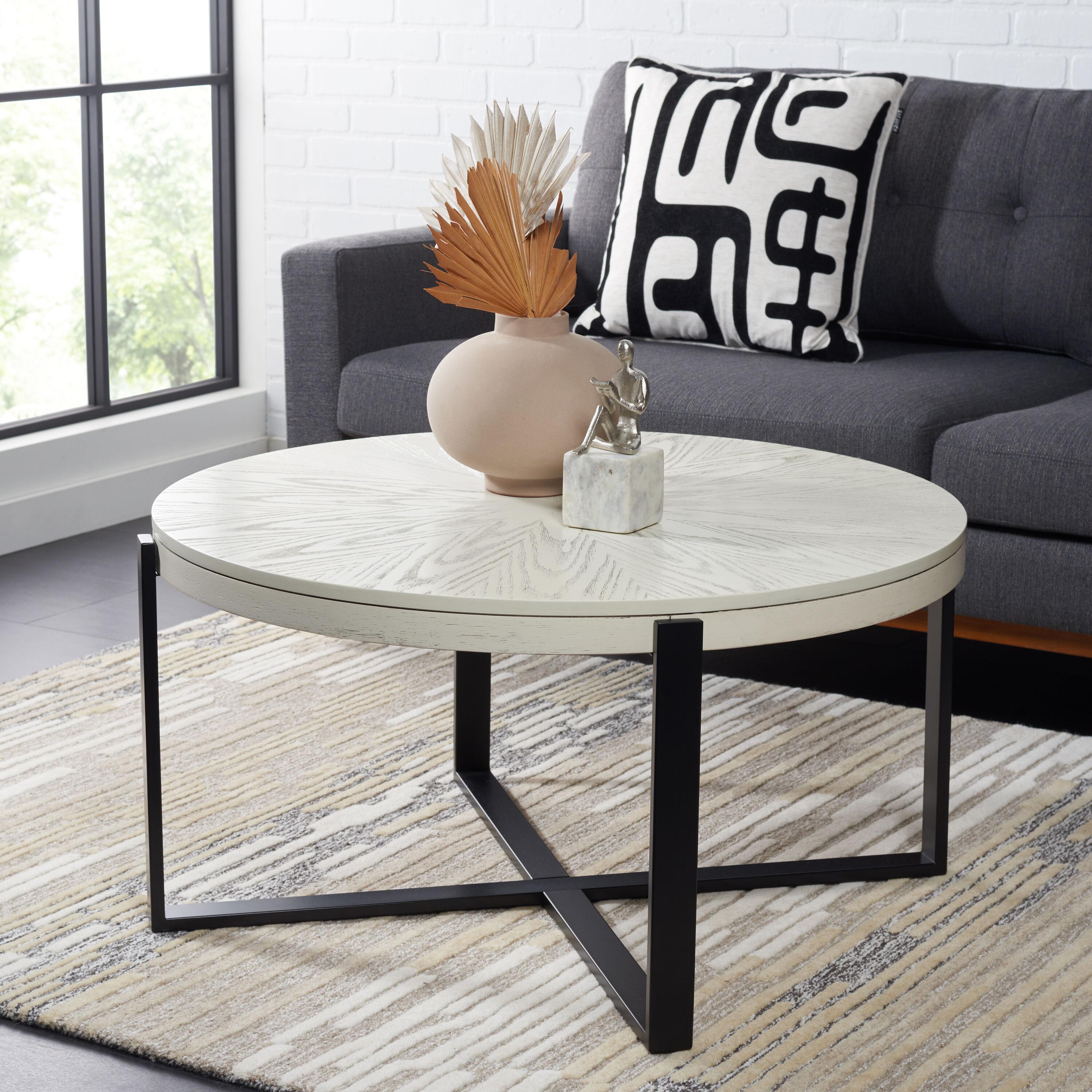 SAFAVIEH Navya Round Coffee Table, White Wash Top/Black Legs