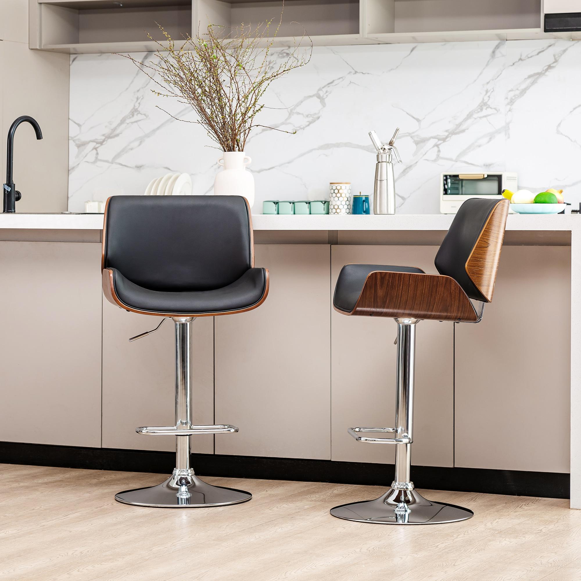 Set of 2 Leatherette Adjustable Height Swivel Bar Stools Chrome Plated Base Black - Glitzhome: Mid-Century, Curved Back, Pneumatic
