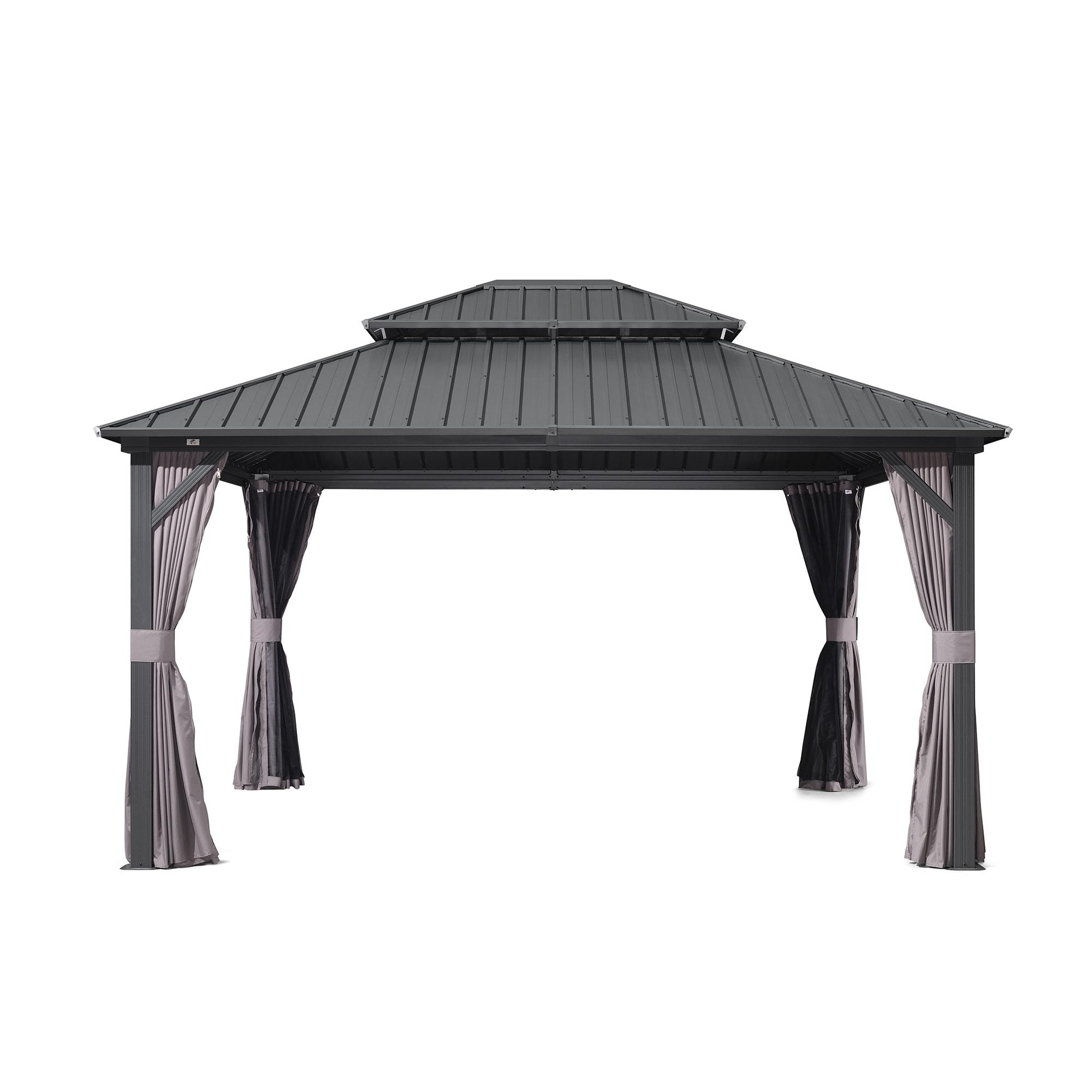 PURPLE LEAF 12' x 14' Permanent Hardtop Gazebo Aluminum Frame Gazebo with Galvanized Steel Double Roof, UV-Resistant for Backyard Patio Lawn and Garden, Netting & Curtains included - Grey