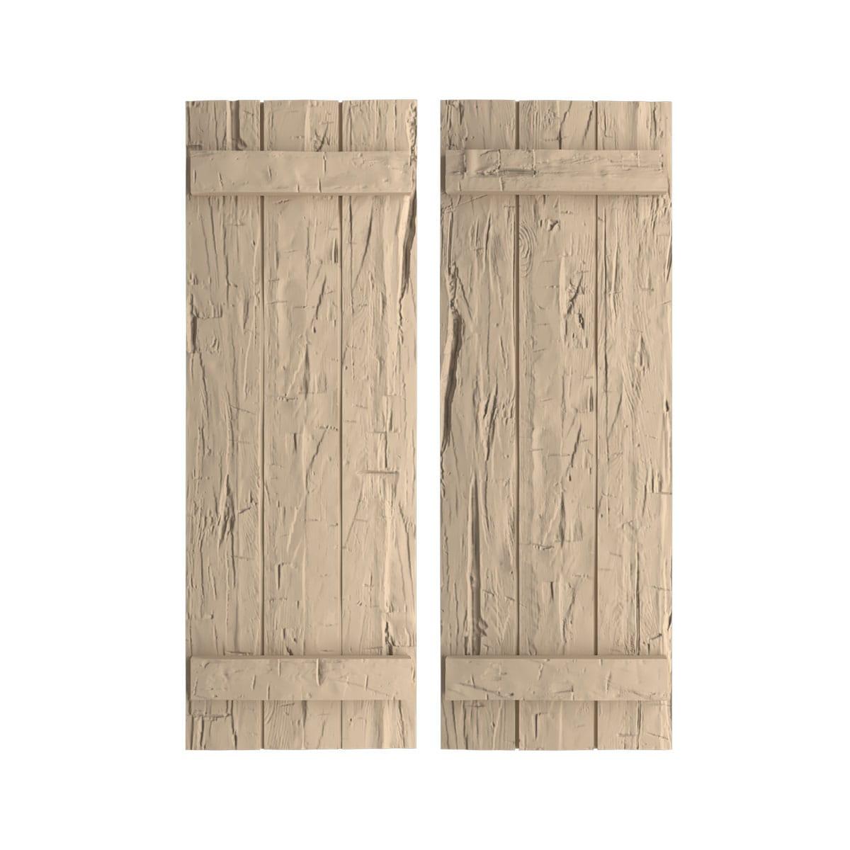 Ekena Millwork 16 1/2"W x 38"H Rustic Three Board Joined Board-n-Batten Hand Hewn Faux Wood Shutters (Per Pair), Primed Tan