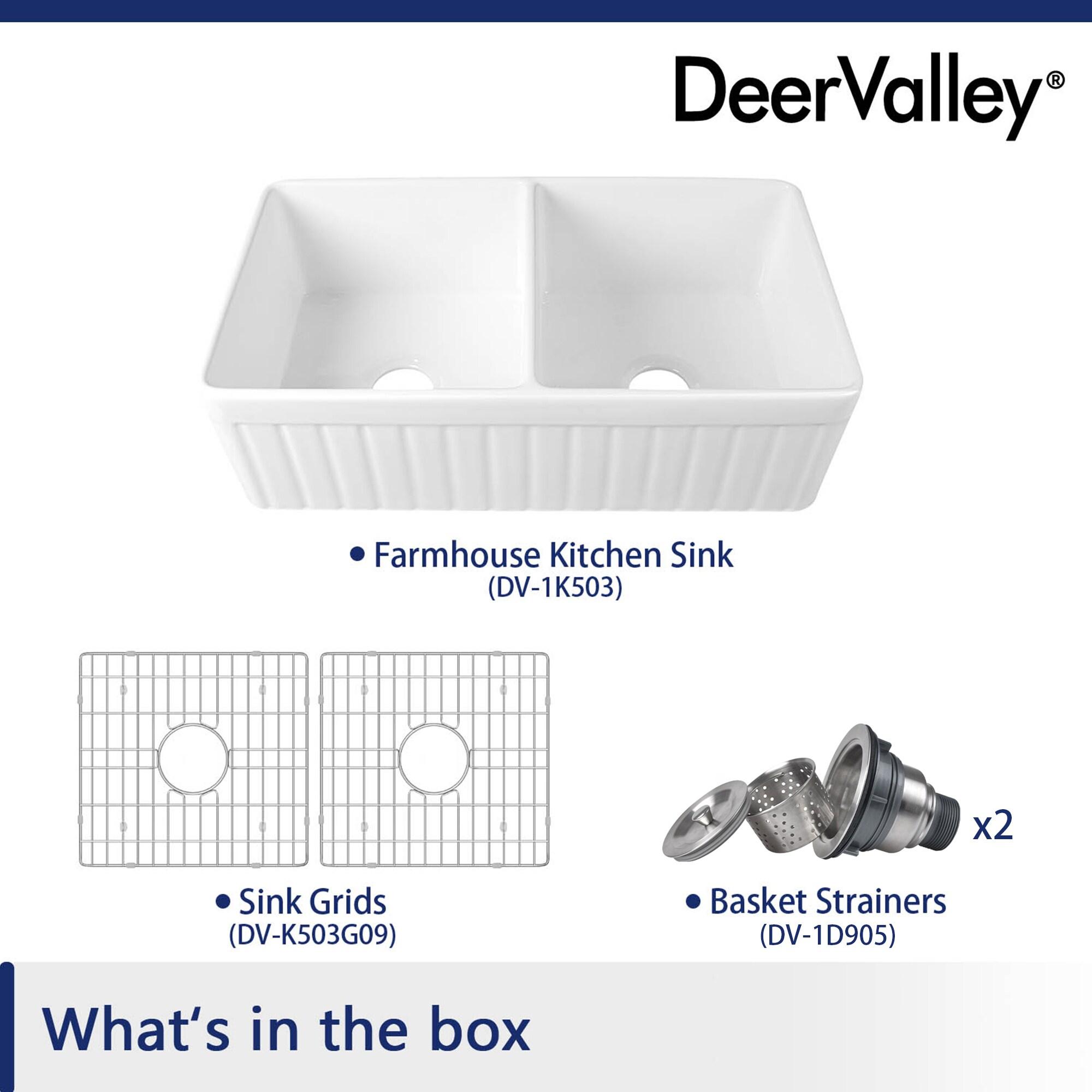 Nova 33" L x 18" W Double Bowl Fireclay Farmhouse Kitchen Sink with Sink Grid and Basket Strainer