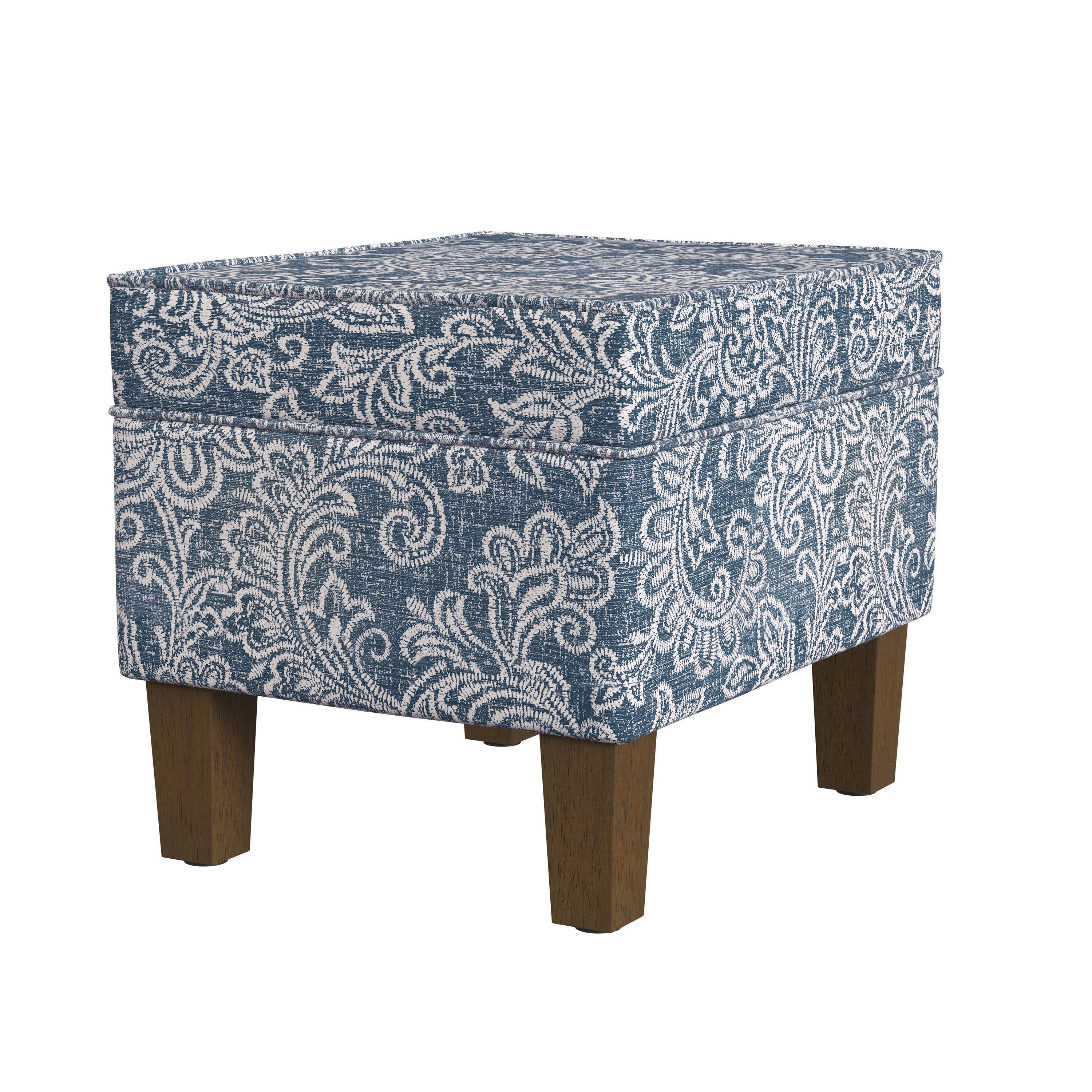 Medium Storage Ottoman Denim - HomePop: Upholstered Footstool, Botanical Pattern, Hardwood Frame