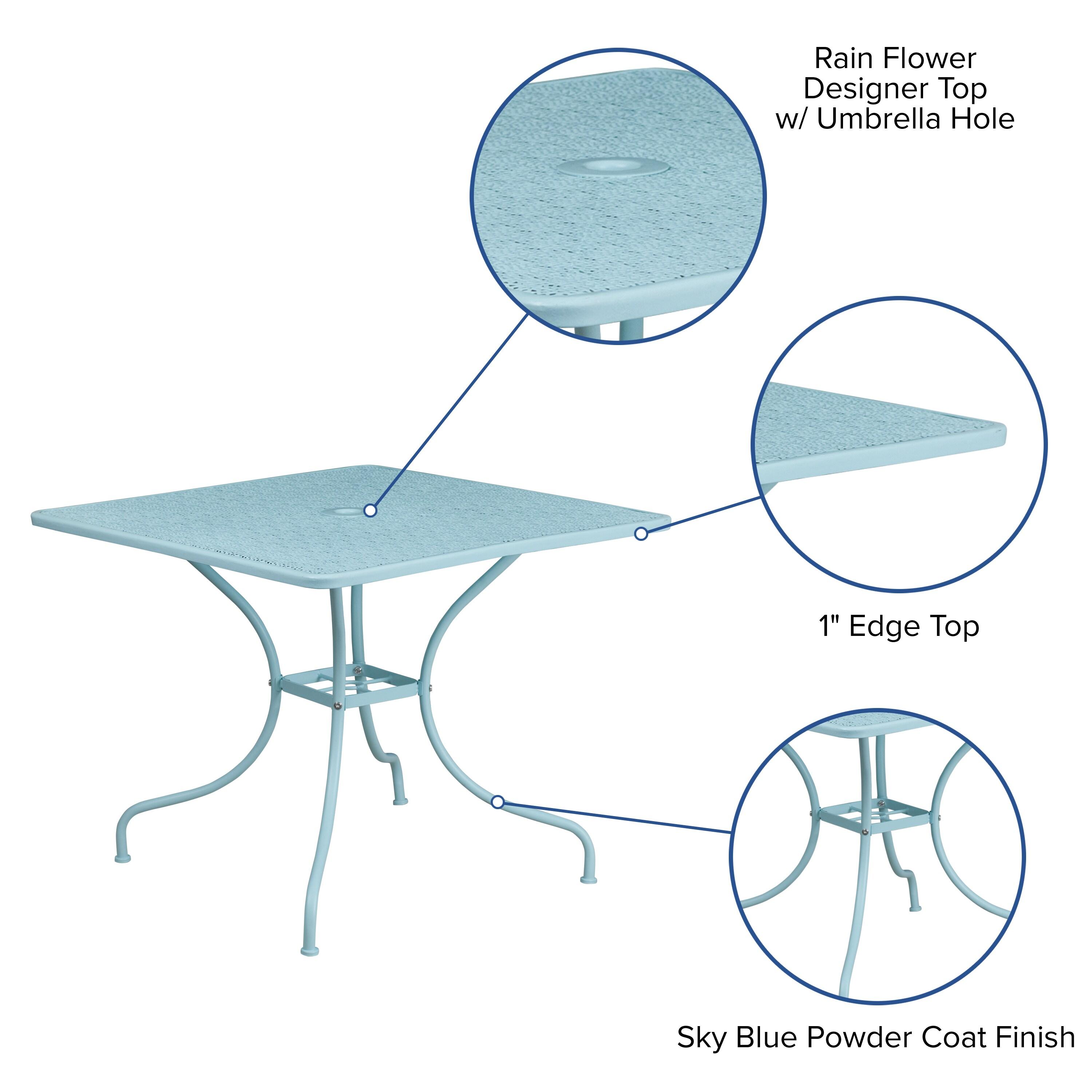 Flash Furniture Oia Commercial Grade 35.5" Square Sky Blue Indoor-Outdoor Steel Patio Table with Umbrella Hole