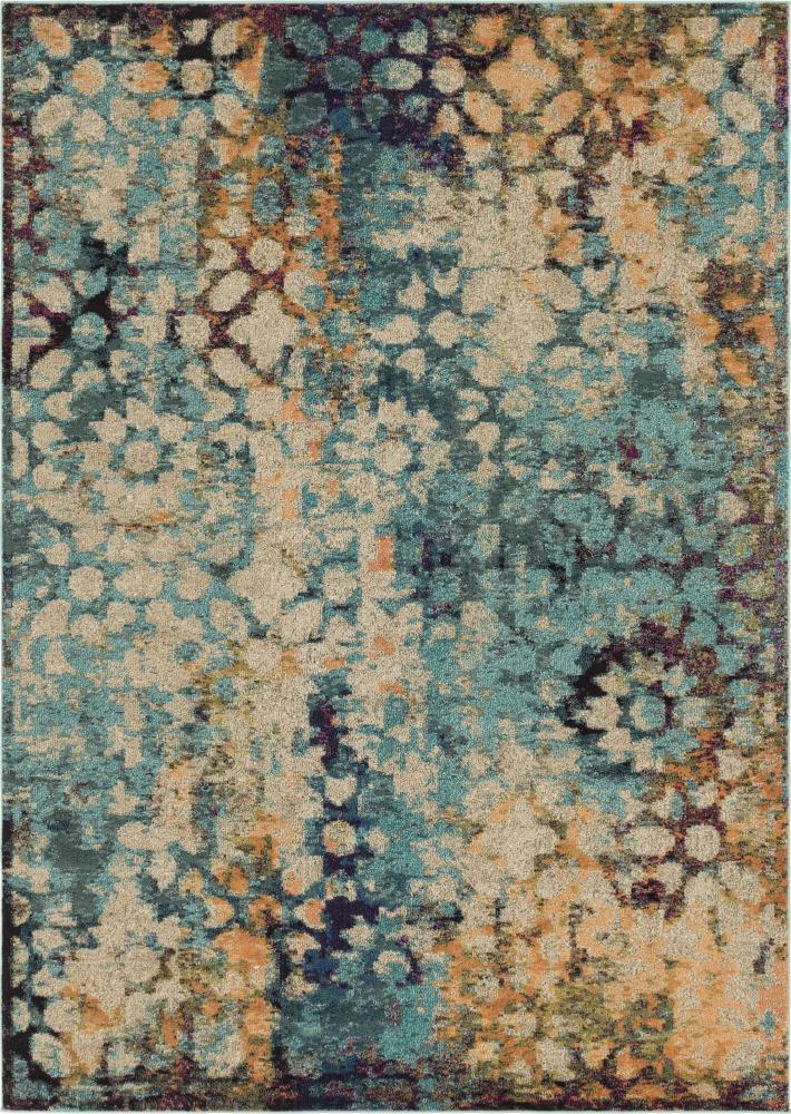 Turquoise and Ivory Abstract Floral Area Rug, 7 x 10 ft