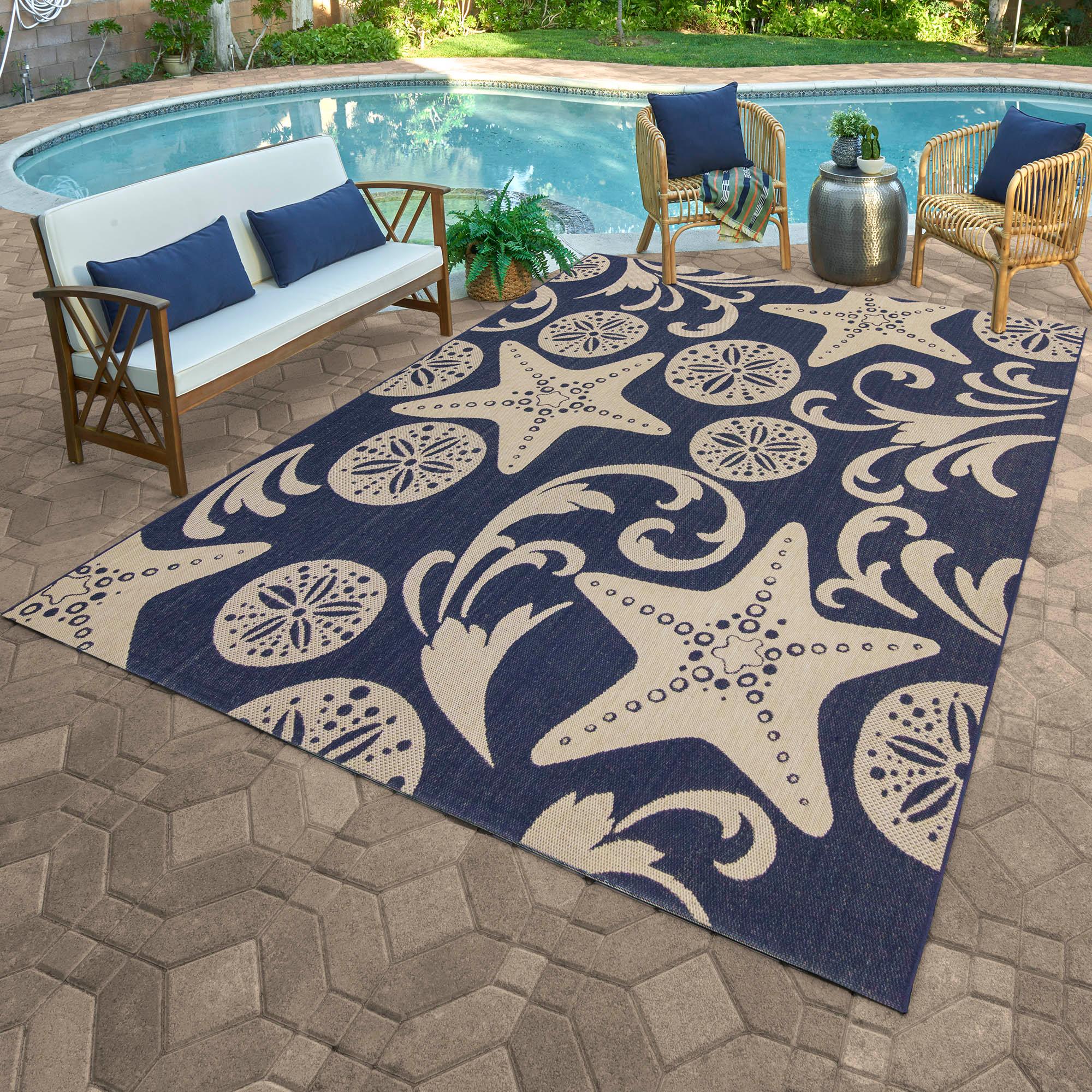 Gertmenian Paseo Canoa Navy Blue/Beige Nautical Sea Life Indoor/Outdoor Flatweave Area Rug