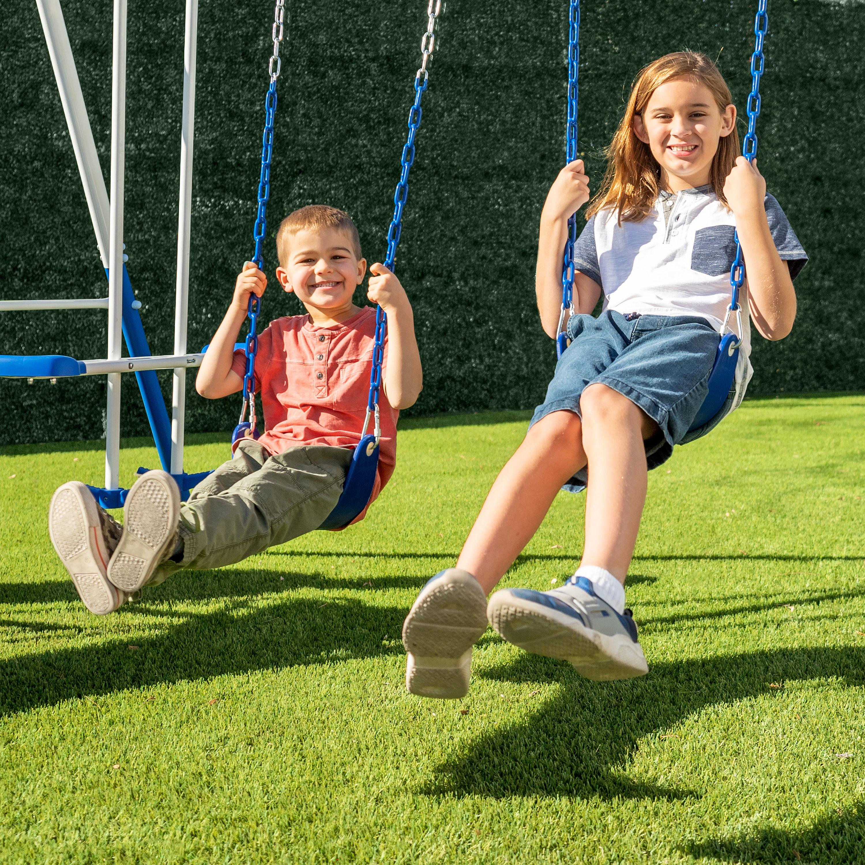 Sportspower Albany Metal Swing Set with 2 Person Glider Swing, 2 Adjustable Sling Swing Seats, and 5' Double Wall Slide with Lifetime Warranty