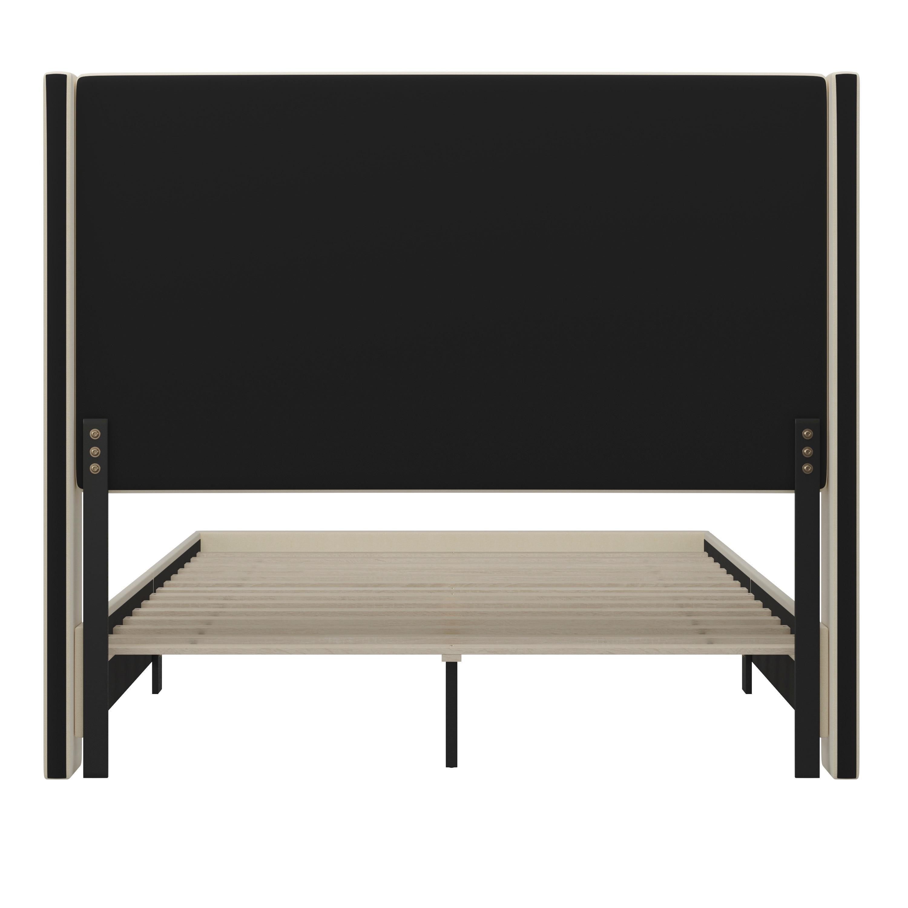 Flash Furniture Quinn Queen Upholstered Platform Bed with Channel Stitched Wingback Headboard, No Box Spring Needed, Beige