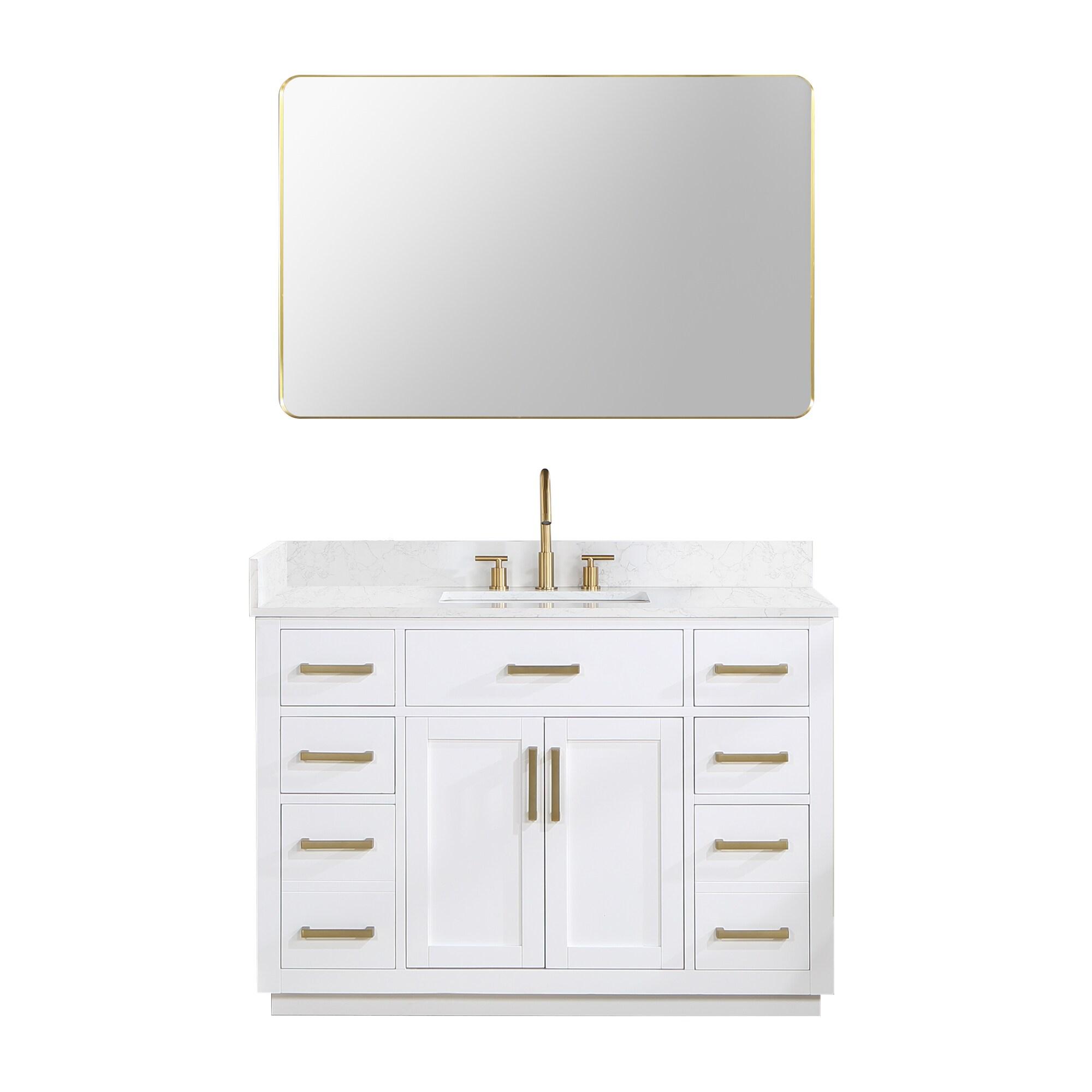 Gavino 48" Wood Vanity in White with Grain White Composite Stone Top and Mirror