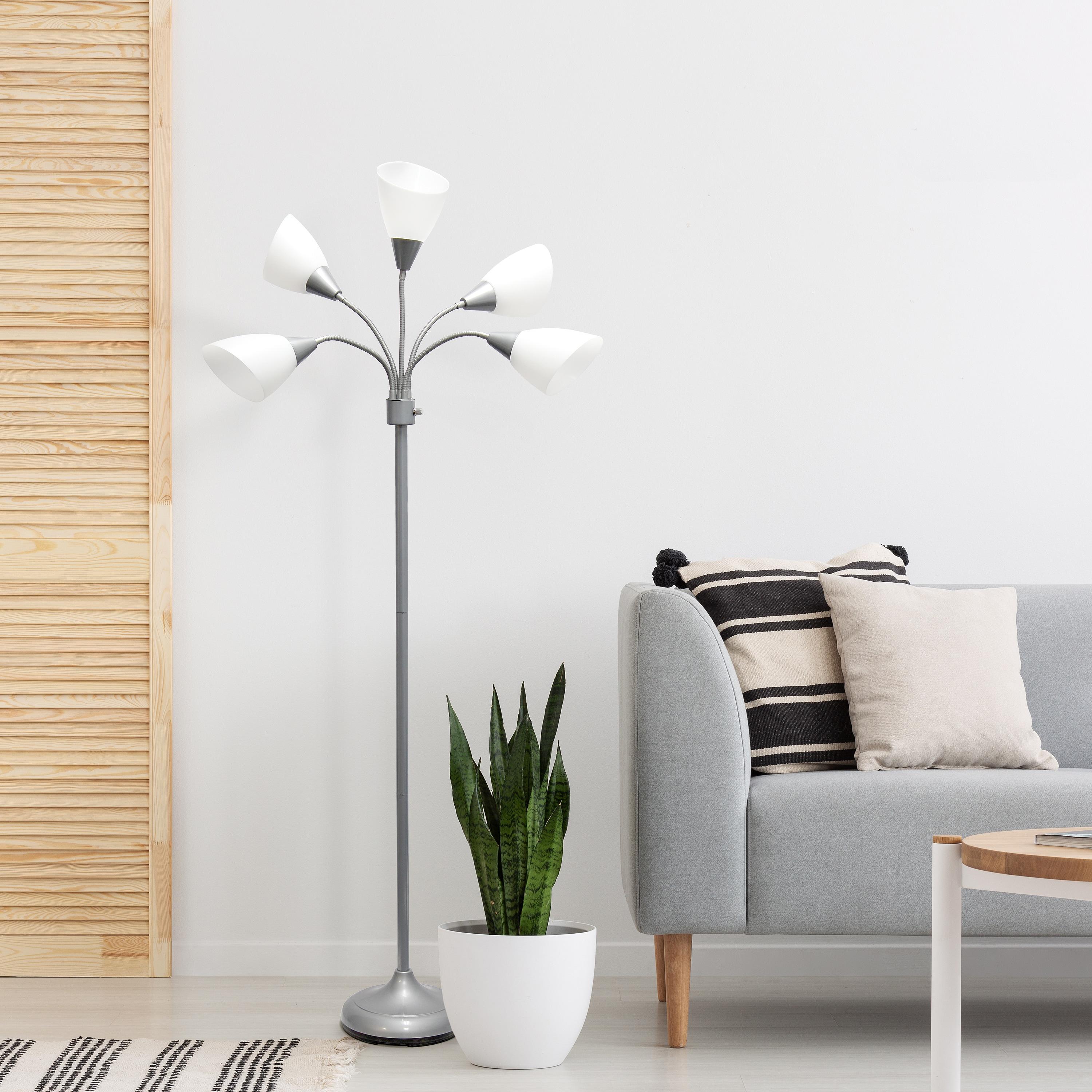 Simple Designs 67" Medusa 5-Light Adjustable Gooseneck Floor Lamp, Silver with White Shades