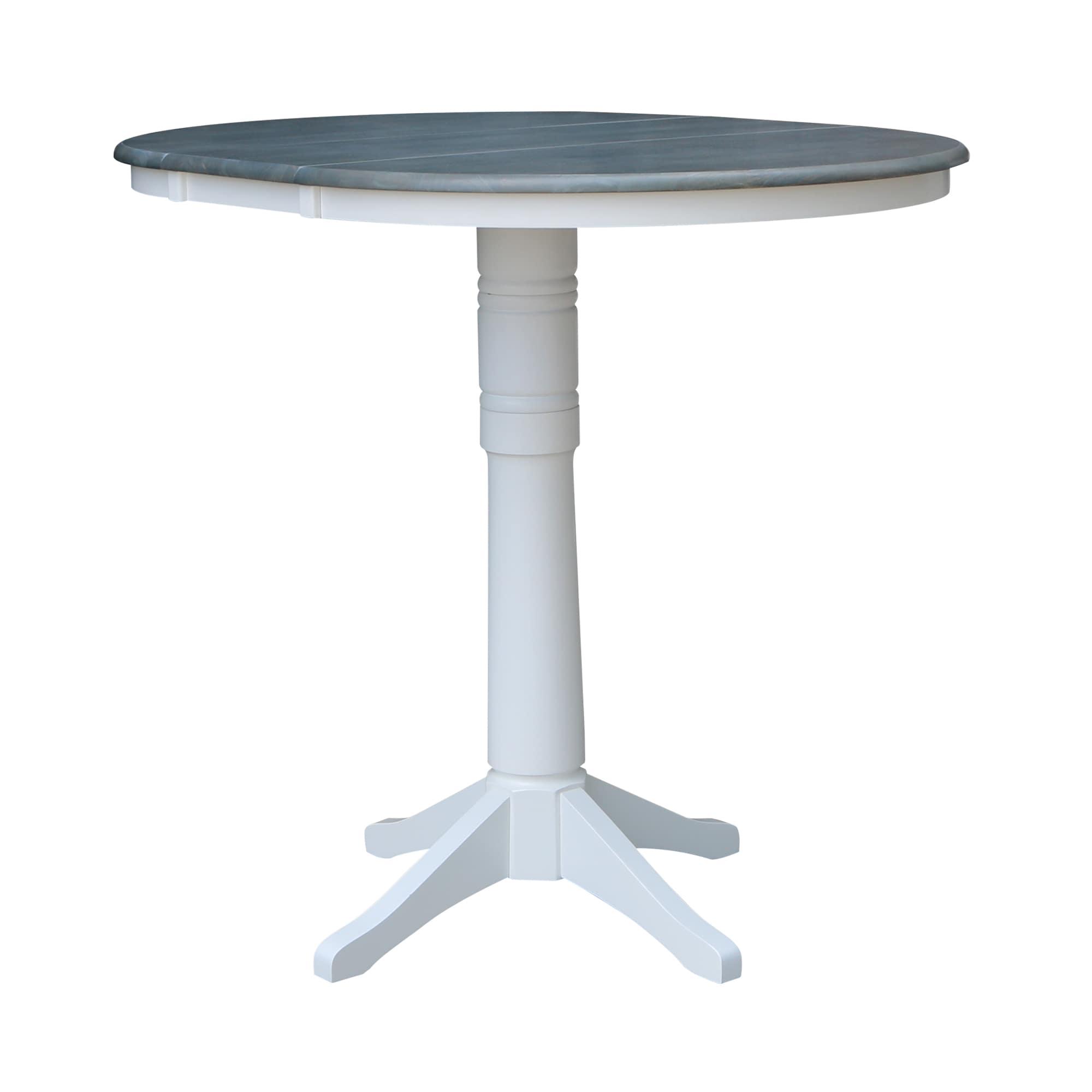 36 in. Round Top Pedestal Bar Height Table with 12 in. Leaf, White & Heather Gray