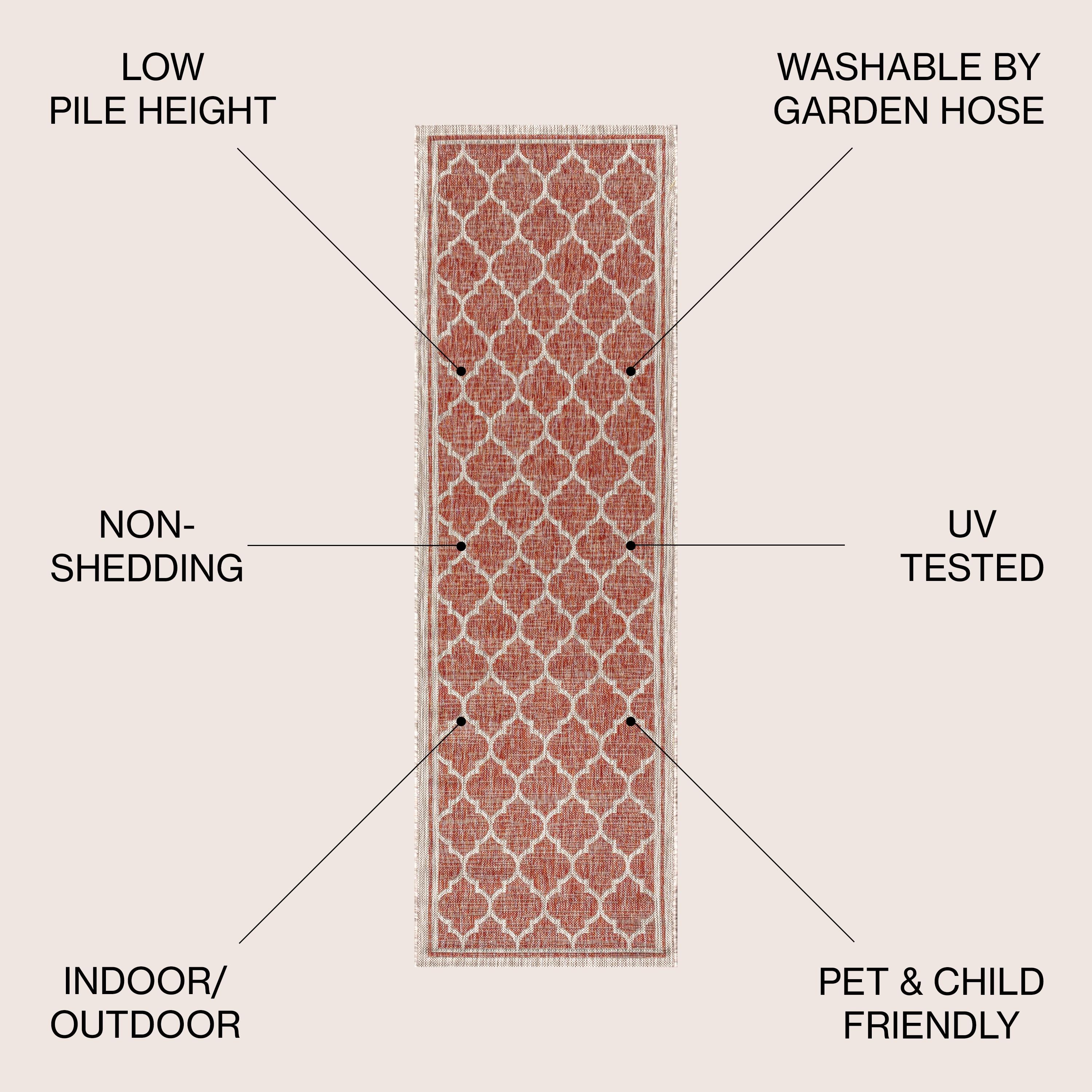 2' X 10' Trebol Moroccan Trellis Textured Weave Indoor/Outdoor Runner Rug, Red/Beige - JONATHAN Y