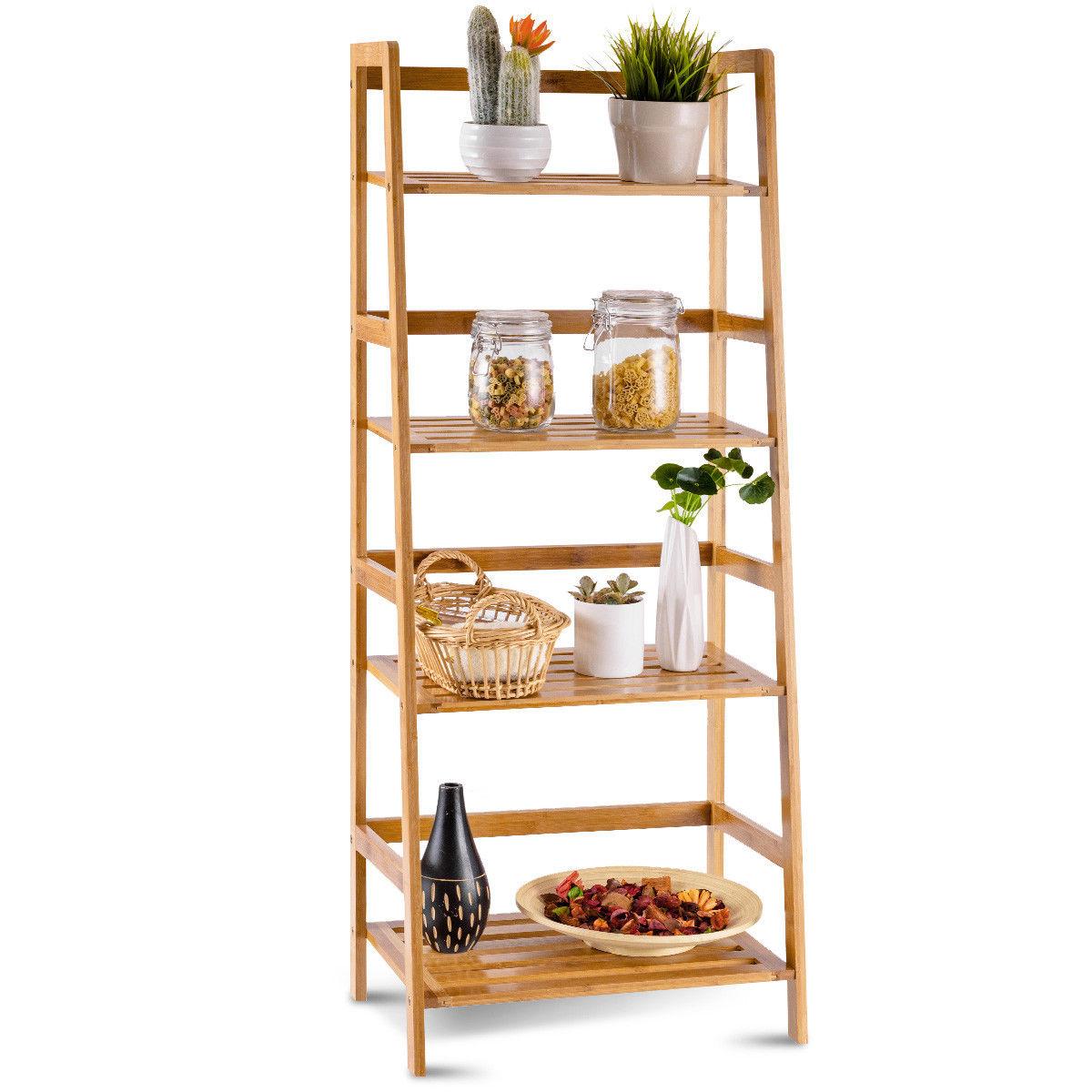 Costway Multifunctional 4 Shelf Bamboo Bookcase Ladder Plant Flower Stand Rack Storage