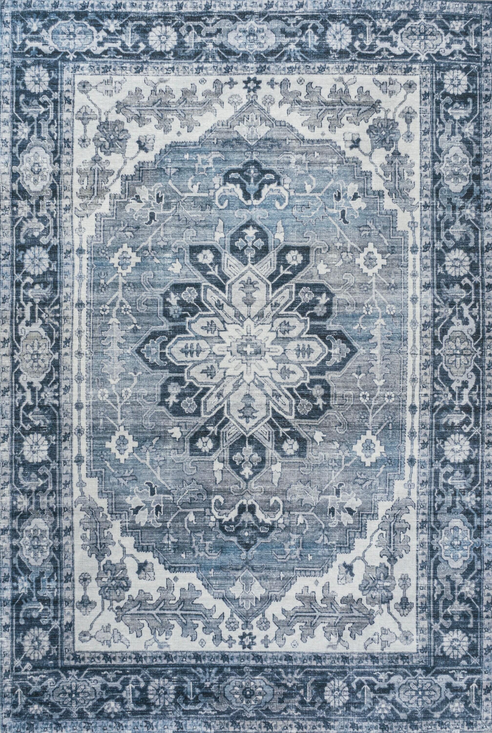 Asa Ornate Medallion Machine-Washable Blue/Cream 4 ft. x 6 ft. Area Rug - JONATHAN Y