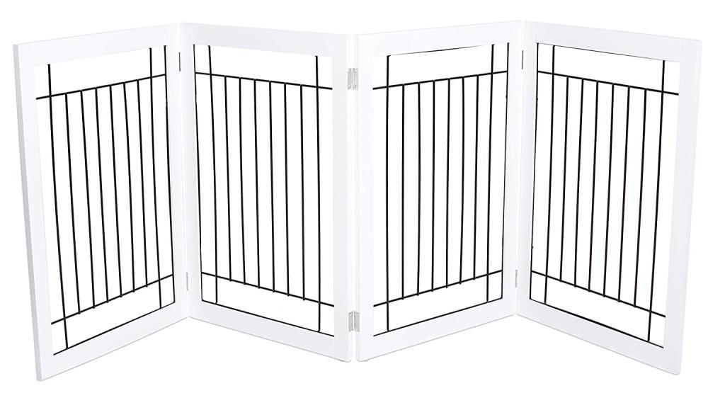 Expandable White Wood and Black Wire Freestanding Pet Gate