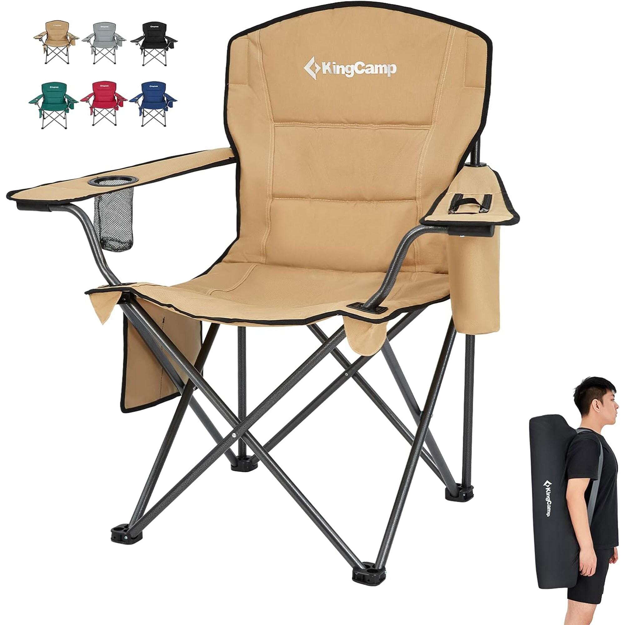 KingCamp Padded Portable Outdoor Folding Lounge Chairs with Built In Cupholder, Insulated Cooler Sleeve, and Side Storage Pocket, Khaki