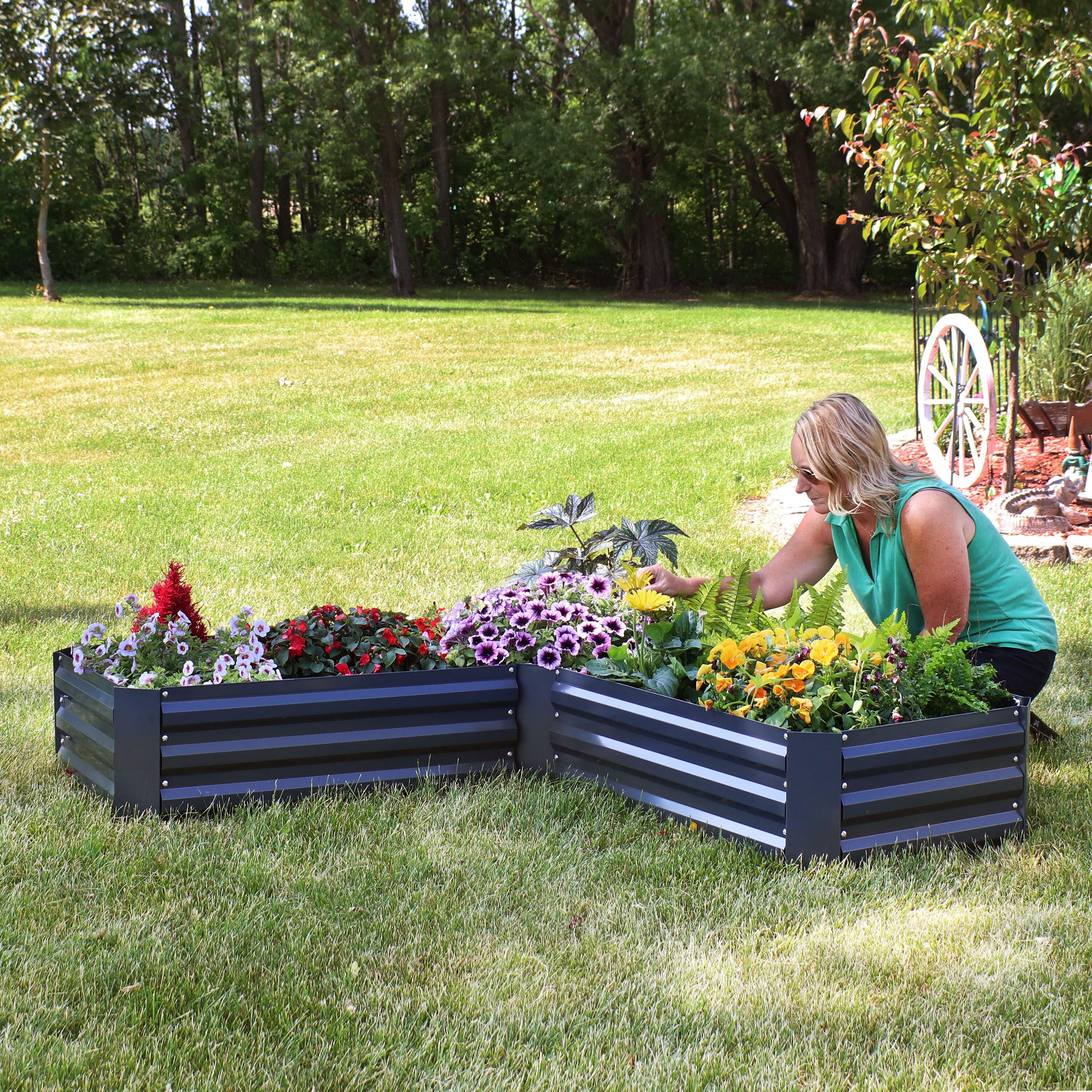 Sunnydaze Outdoor Galvanized Steel L-Shaped Raised Garden Bed for Plants, Vegetables, and Flowers - 59.5" - Dark Gray