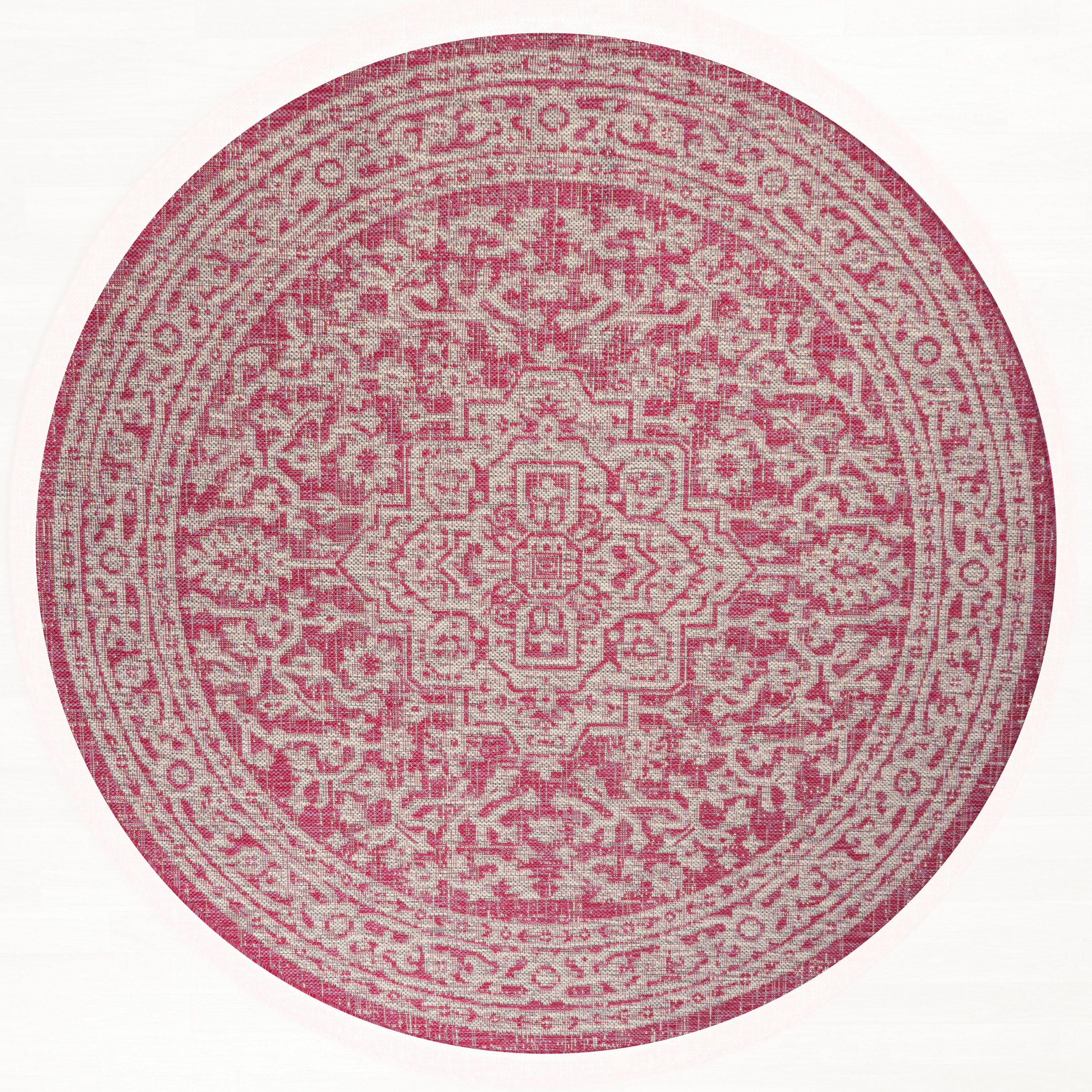 5' Round Sinjuri Medallion Textured Weave Indoor/Outdoor Area Rug, Fuchsia/Light Gray - JONATHAN Y