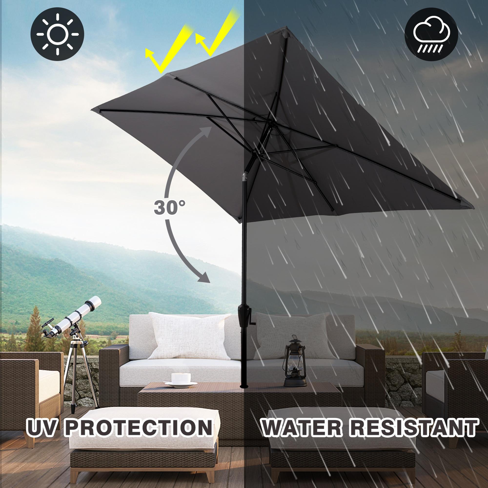 Sun-Ray 6.6x10 FT Rectangular Patio Umbrella with Push-Button Tilt and Hand Crank Canopy Lift, Table Umbrella with Solution Dyed Navy Fabric for Porch, Deck, Garden, and Swimming Pool, Grey