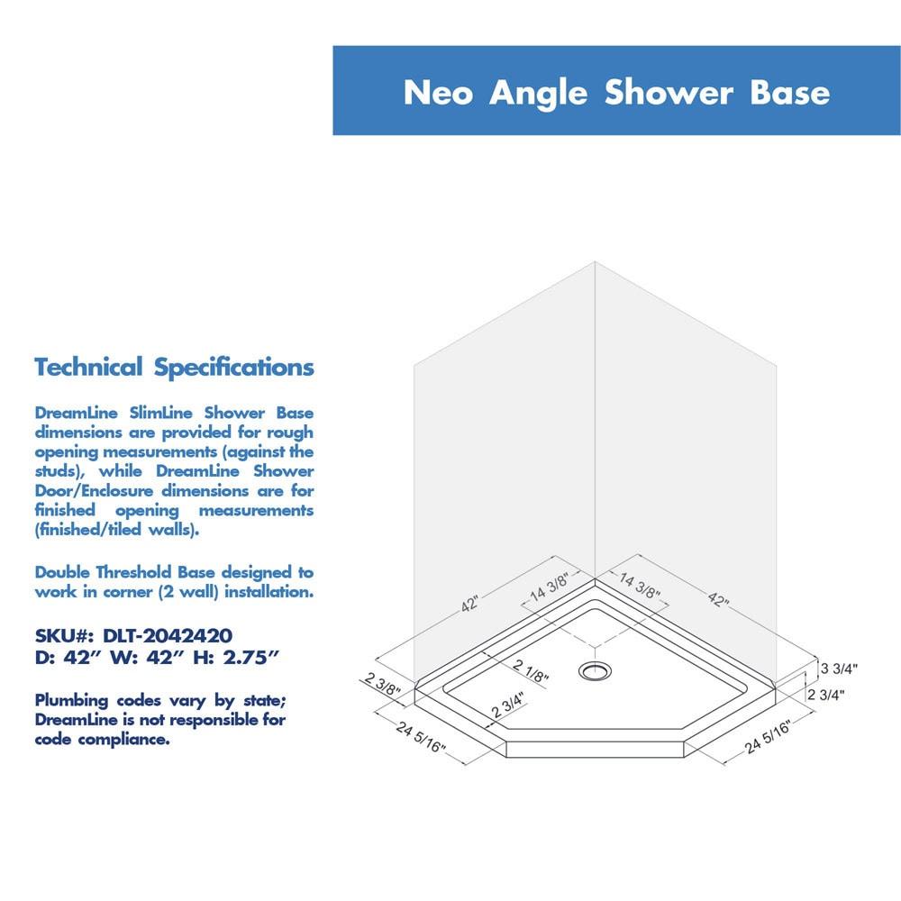 Prism 42" W x 42" D x 74.75" H Frameless Neo-Angle Reversible Shower Kit with Towel Bar and Base Included