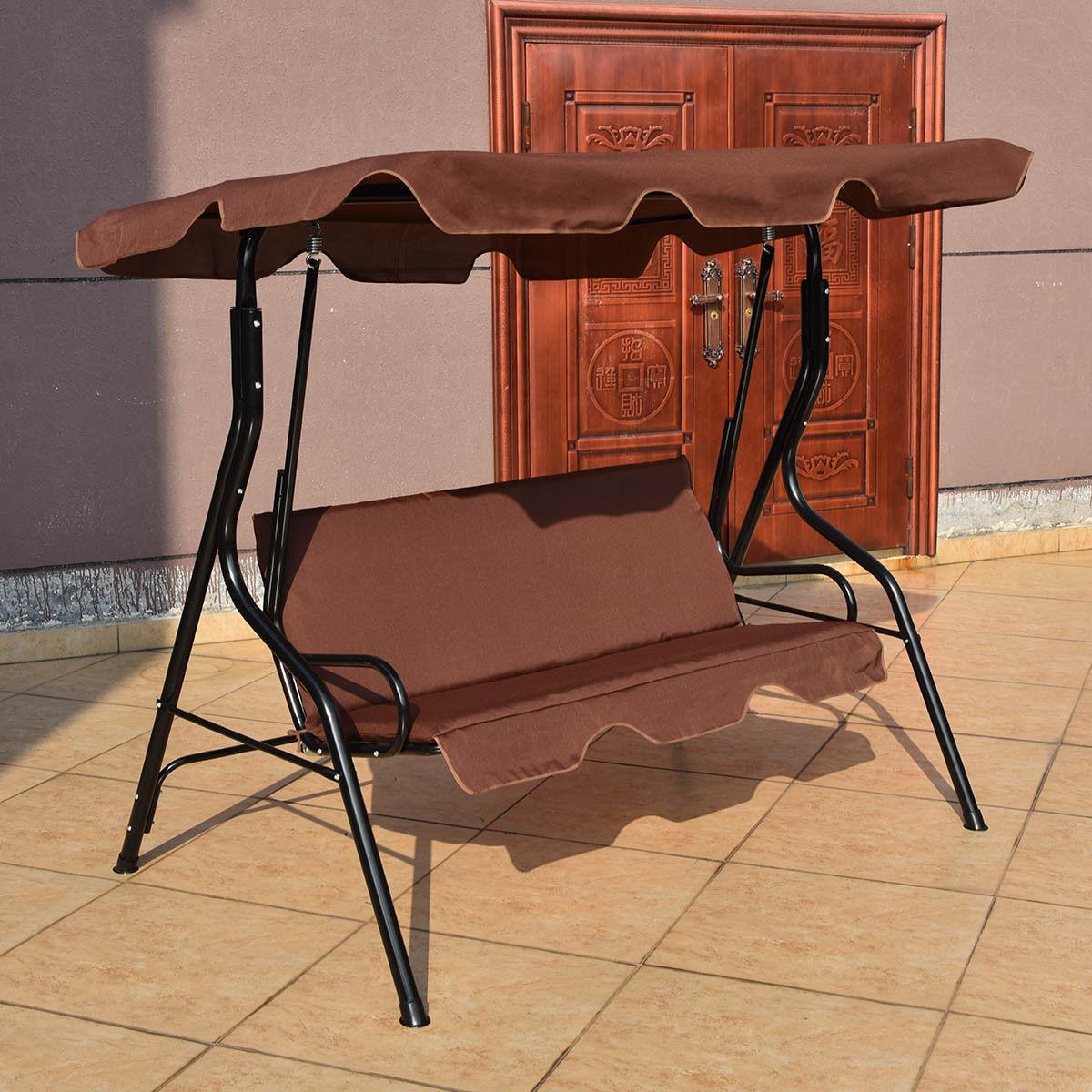 GVN 3 Seats Patio Canopy Swing-Brown, Porch Swing Hanging Bench, Outdoor Swing Bench for Patio, Yard, Garden
