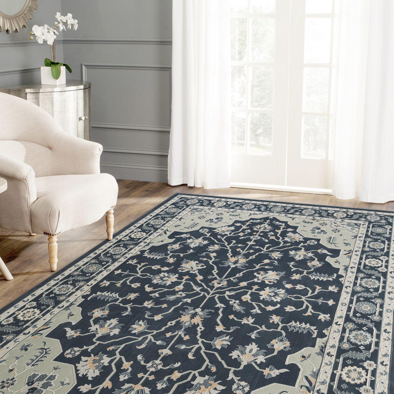 LR Home Imara Kate Navy/Light Gray Traditional Floral Polyester Area Rug, 5'3" x 7'6"