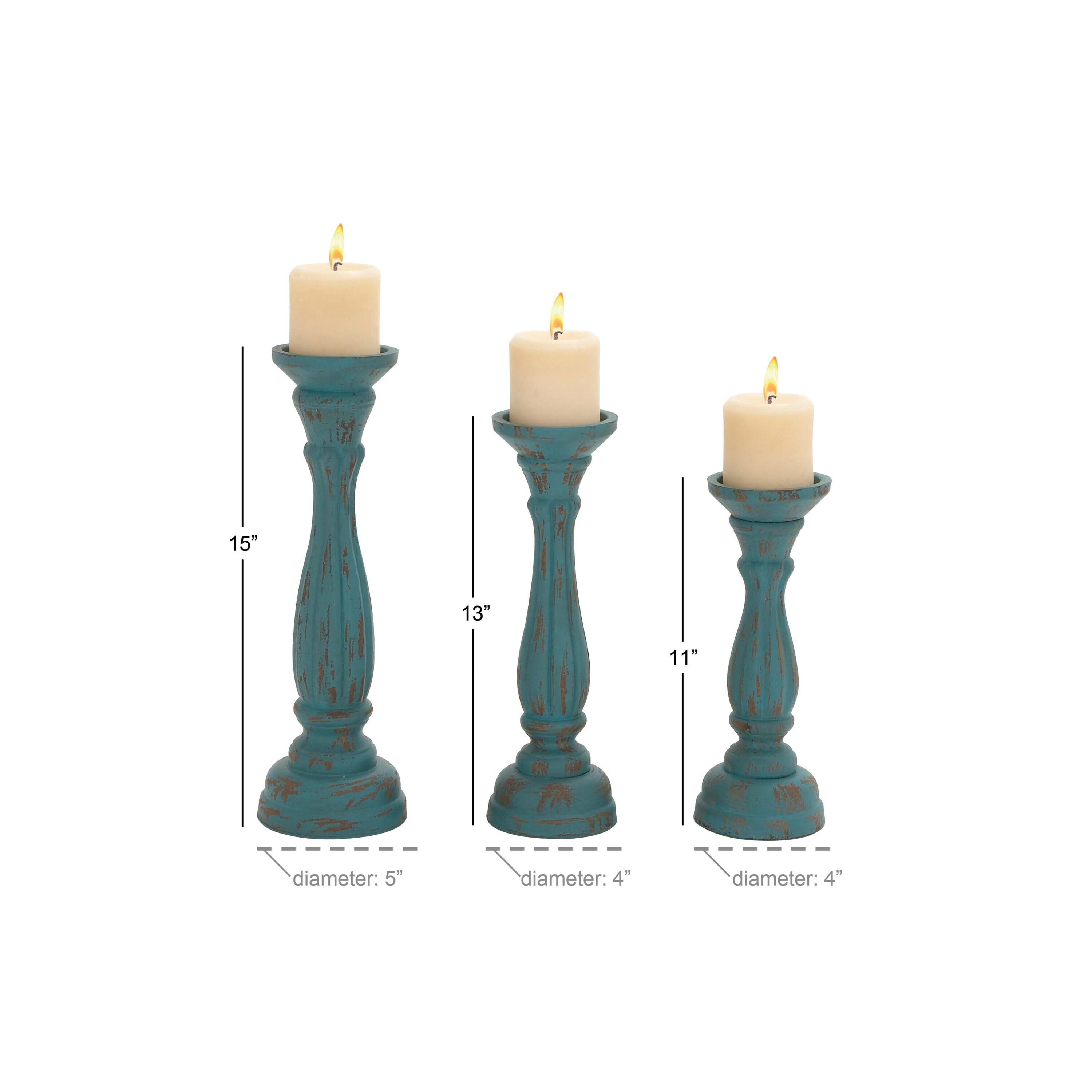 DecMode 3 Candle Blue Wooden Distressed Turned Pillar Candle Holder, Set of 3