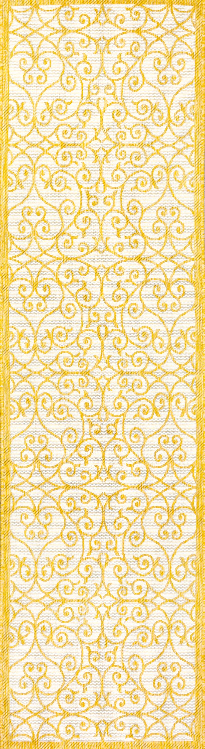 2' x 8' Madrid Vintage Filigree Textured Weave Indoor/Outdoor Runner Rug, Cream/Yellow - JONATHAN Y
