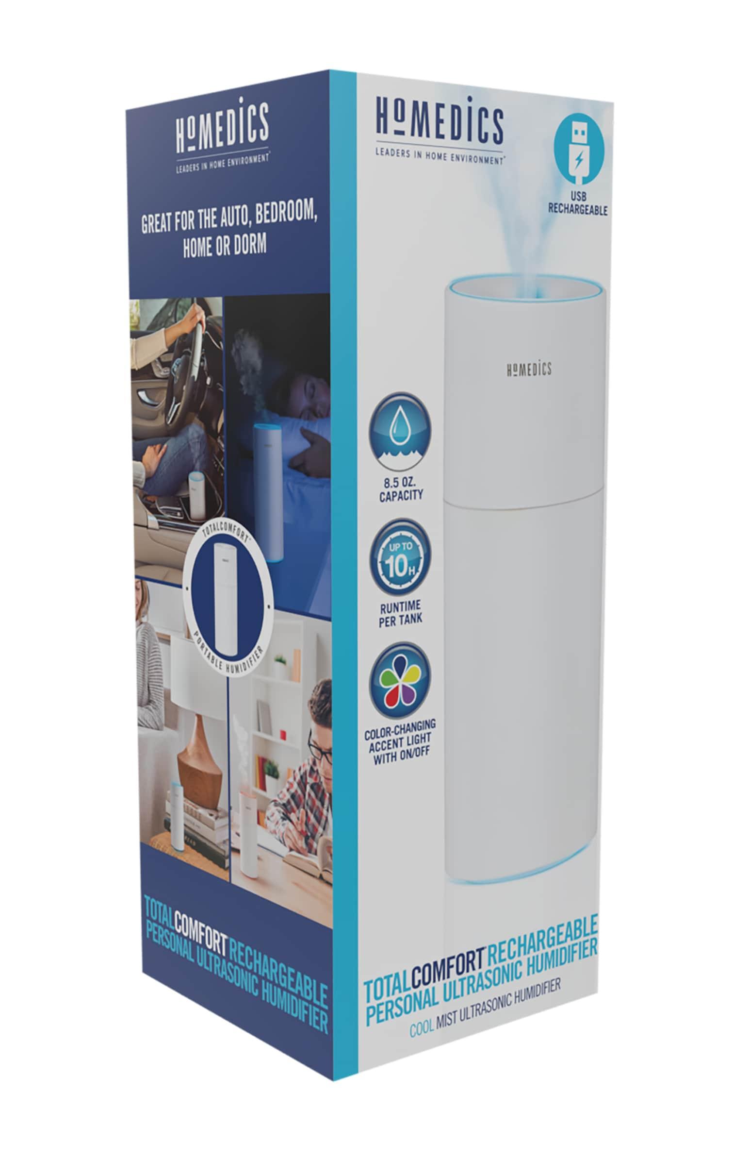 Homedics Portable Ultrasonic Humidifier, Cordless, Desktop, Travel, up to 10-Hour Runtime, Visible Quiet Cool Mist, White