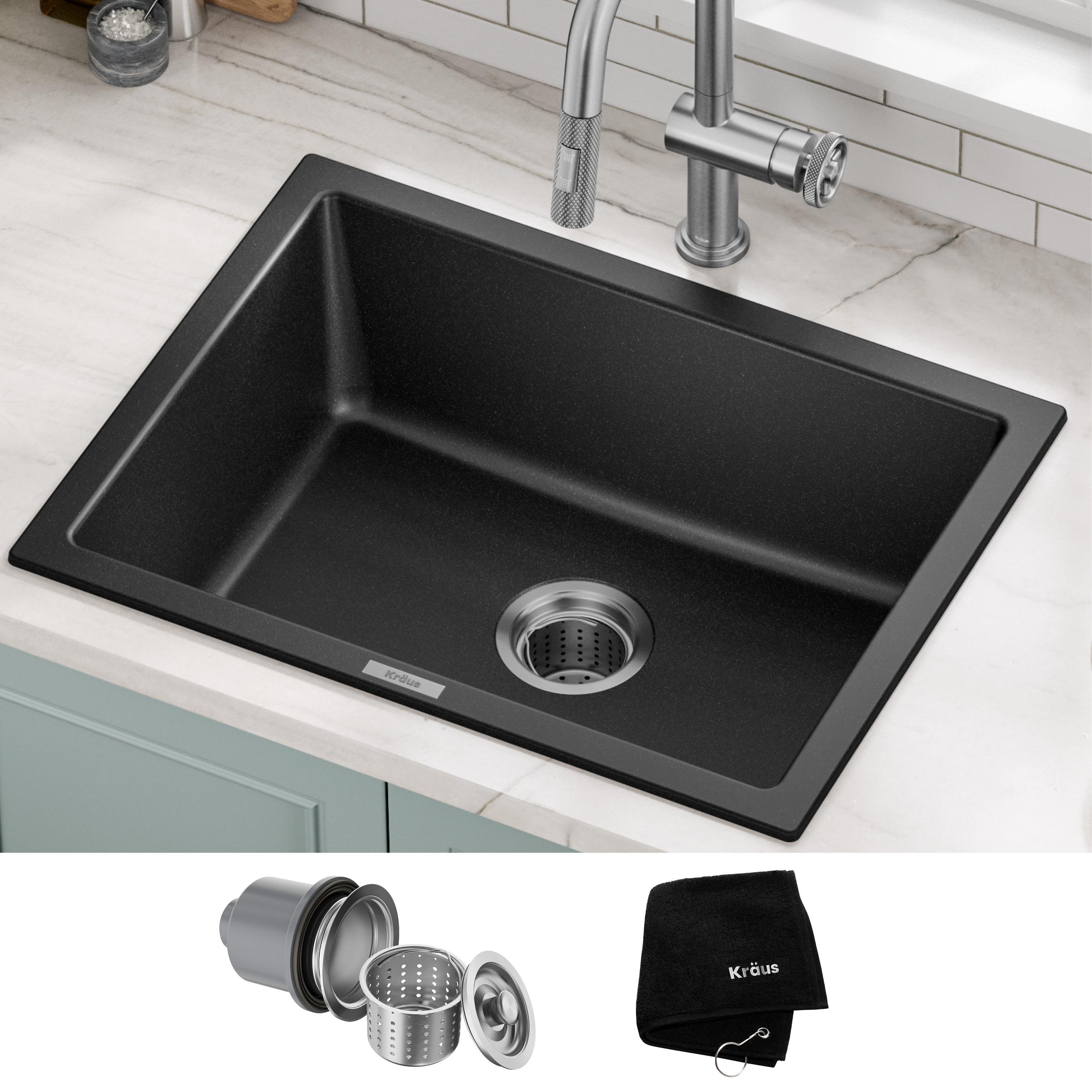 KRAUS 24 inch L Dual Mount Single Bowl Granite Kitchen Sink w/ Topmount and Undermount Installation in Black Onyx