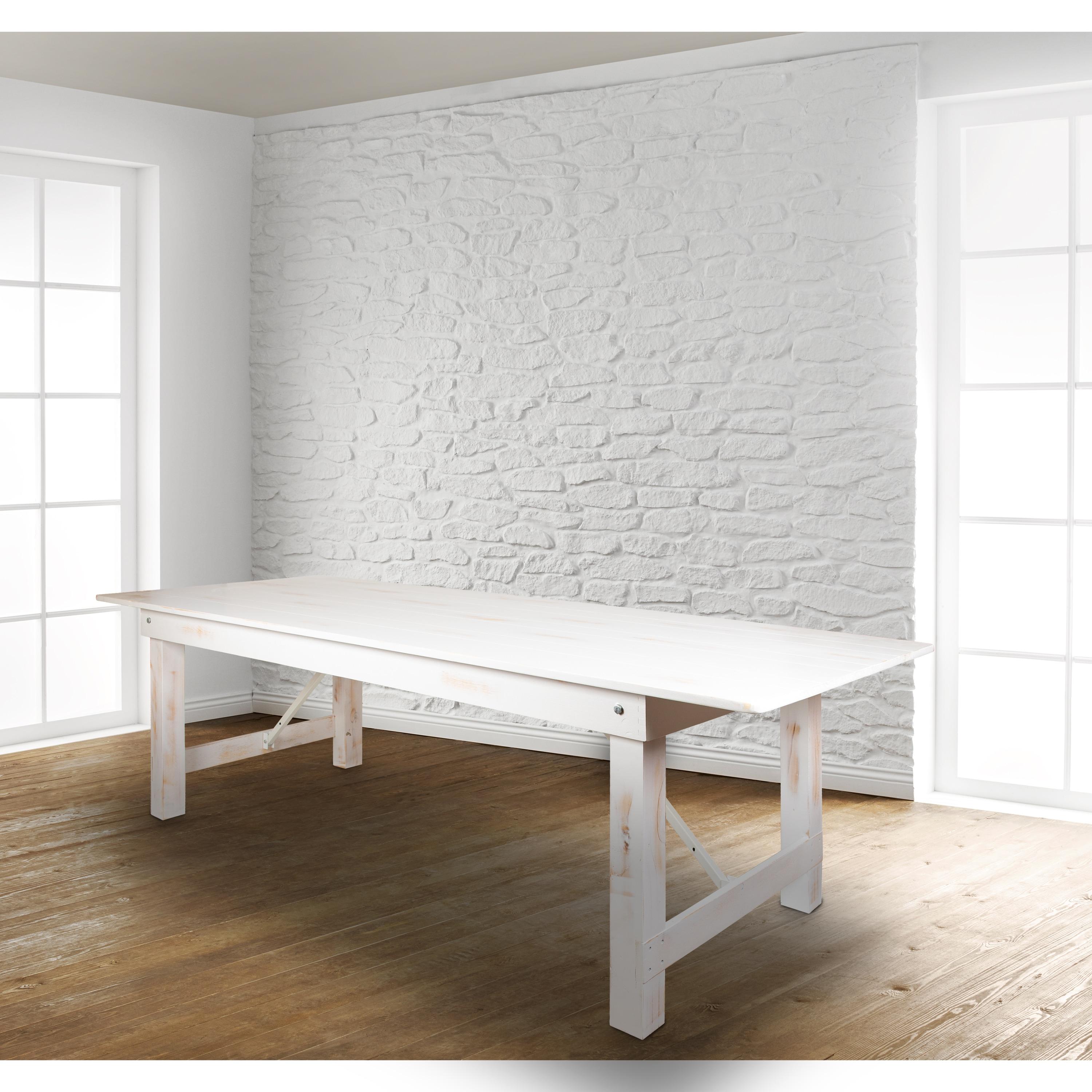 Flash Furniture HERCULES Series 9' x 40" Rectangular Antique Rustic White Solid Pine Folding Farm Table