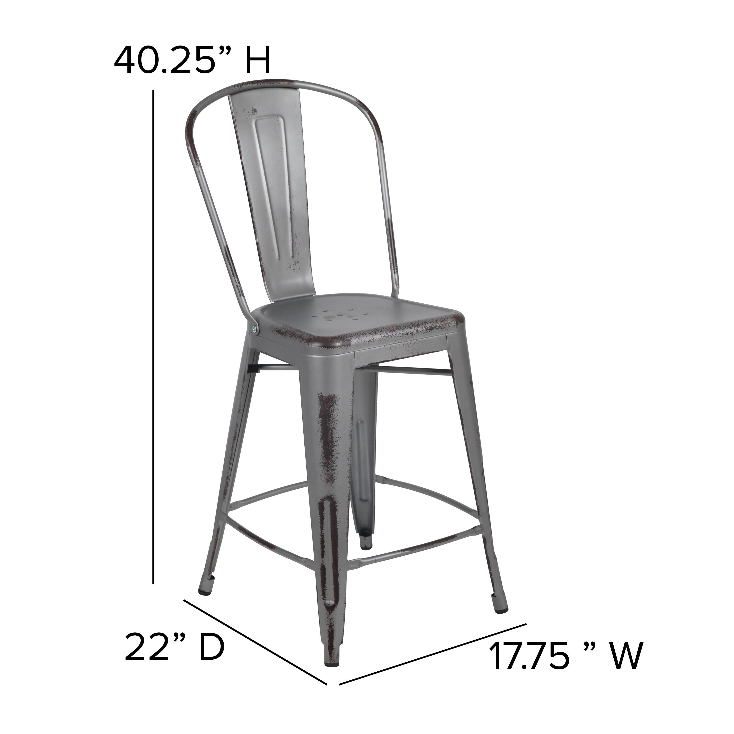 Flash Furniture Commercial Grade 24" High Distressed Silver Gray Metal Indoor-Outdoor Counter Height Stool with Back