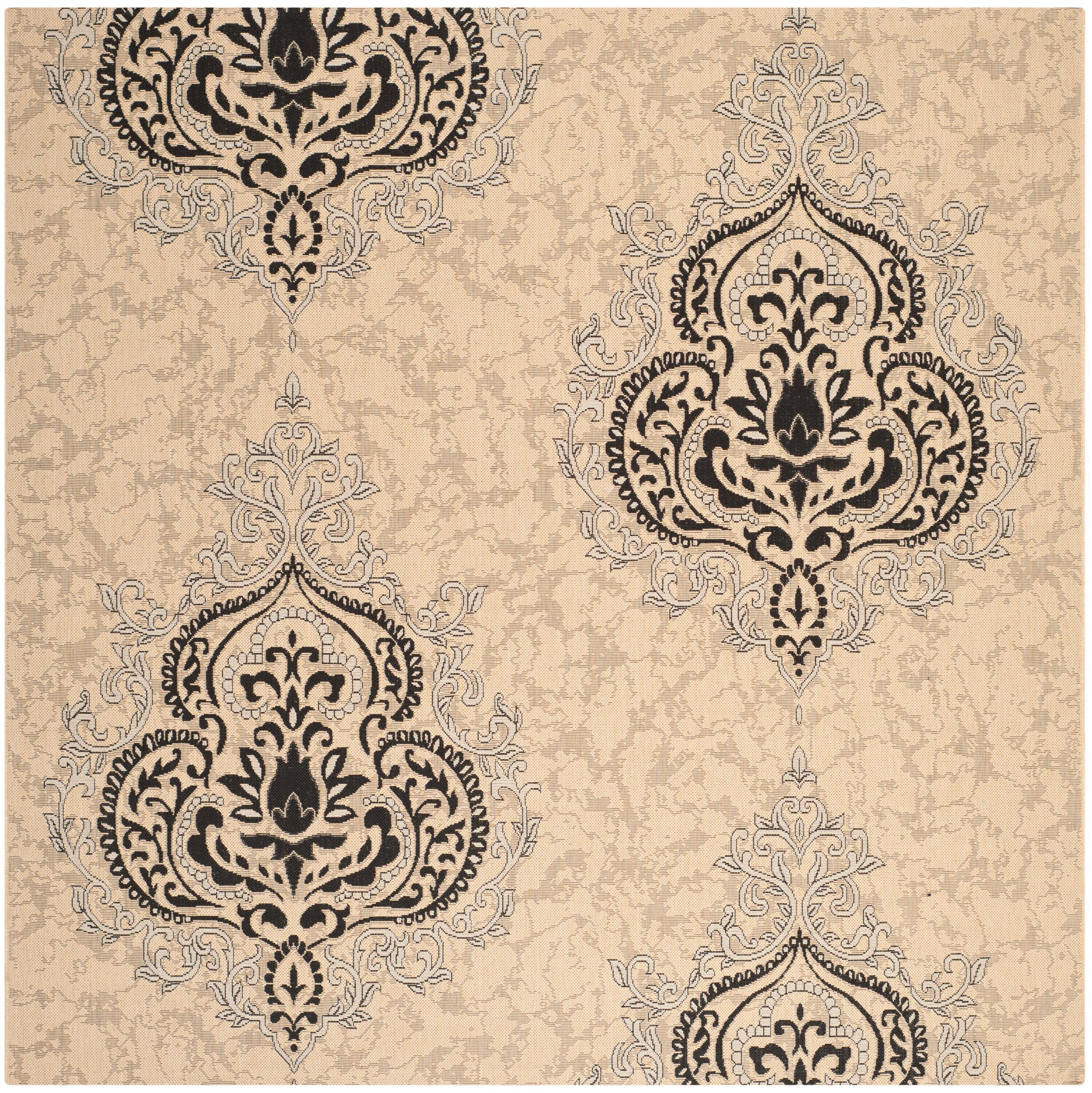 SAFAVIEH Courtyard Penelope Damask Indoor/Outdoor Area Rug, Cream/Black, 6'7" Square