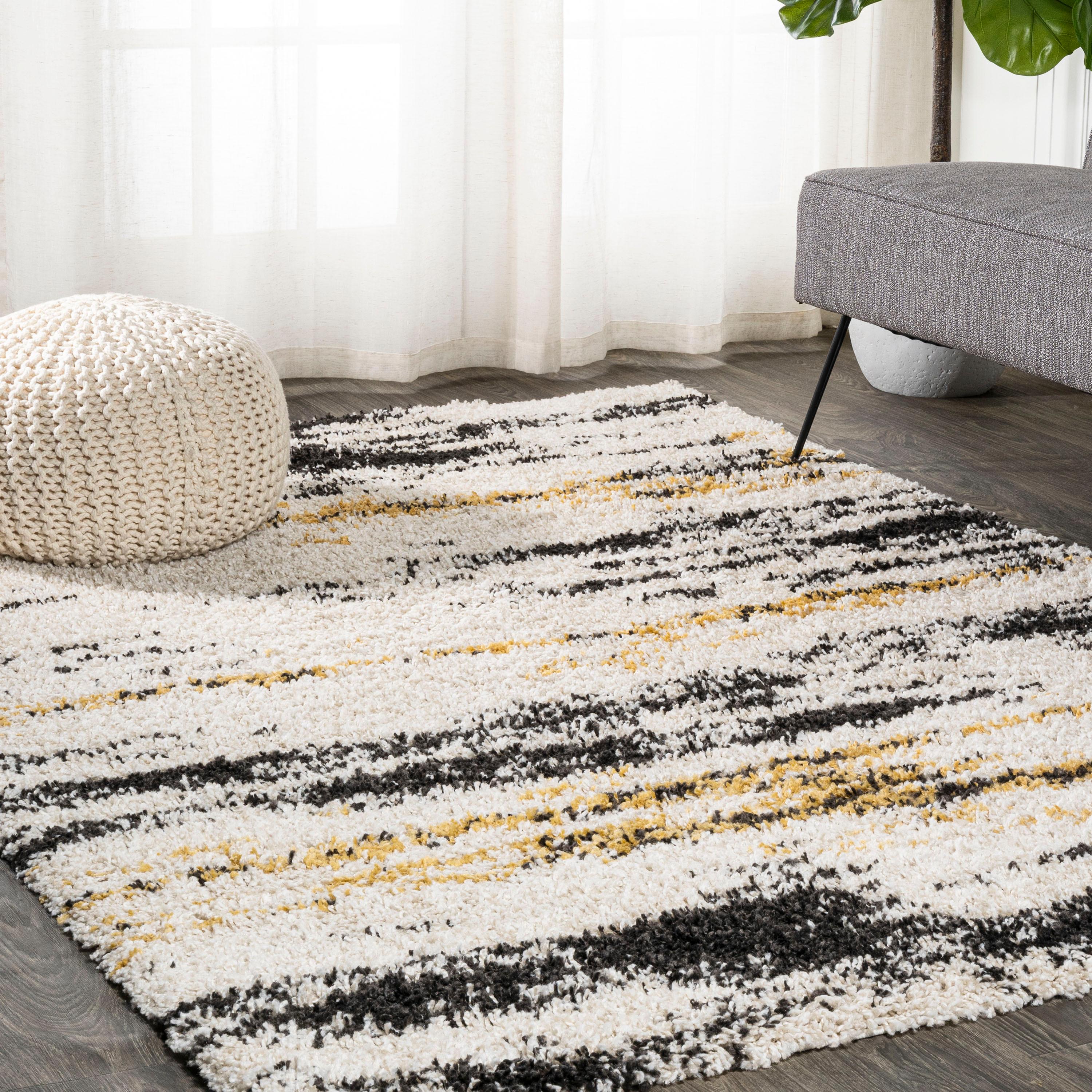 8'x10' Nova Modern Bold Strie' Shag Area Rug, Beige/Black/Yellow - JONATHAN Y