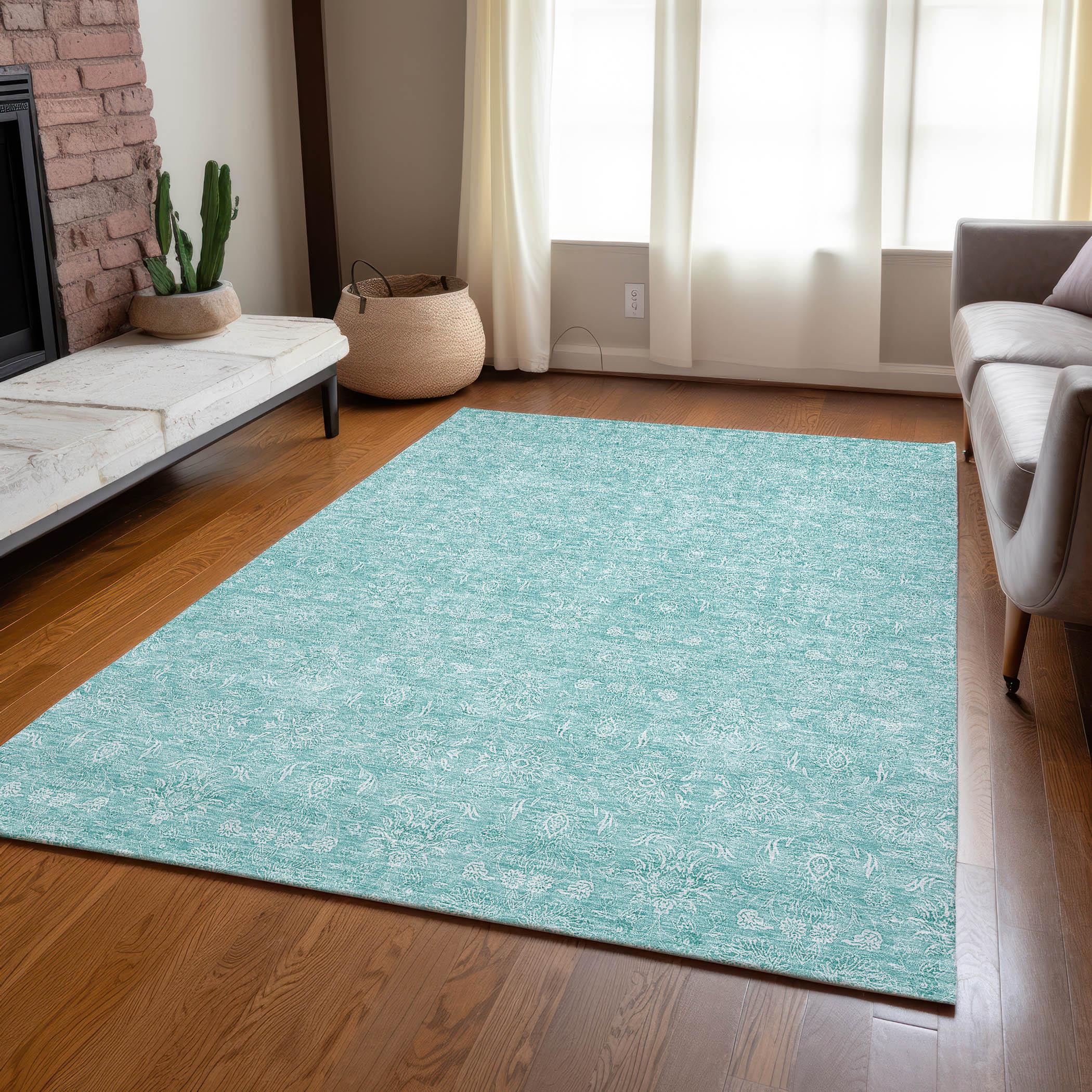 Addison Rugs Chantille Indoor/Outdoor Transitional Floral Aqua Washable Rectangle Rug, 8' x 10'