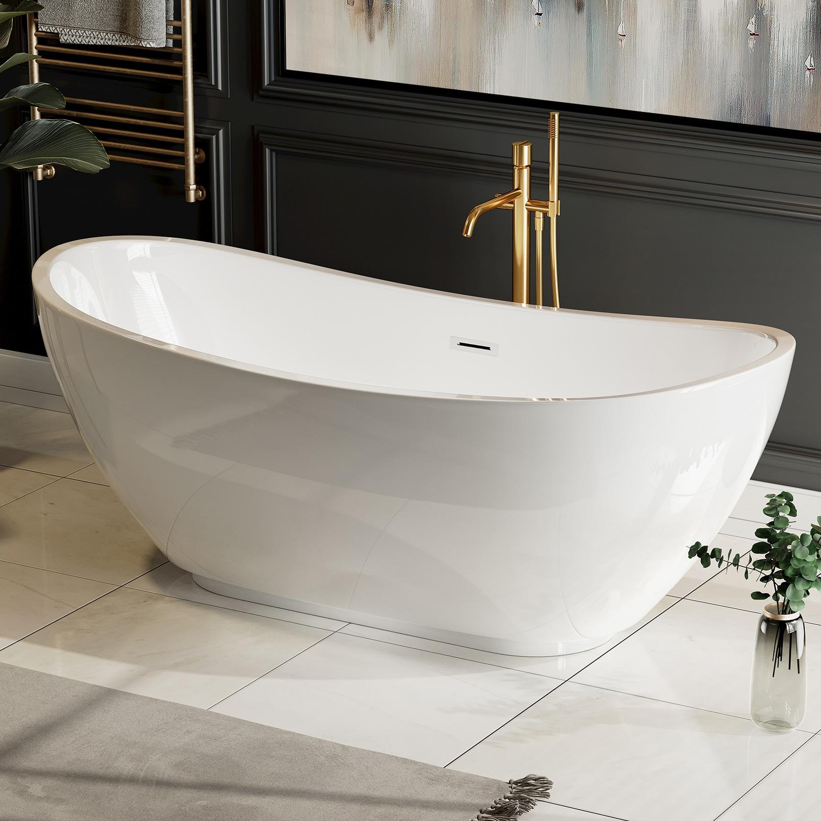 Empava 69" Freestanding Bathtub, Luxury Acrylic Soaking Tub, Modern Stand-Alone Design, Glossy White , cUPC Certified