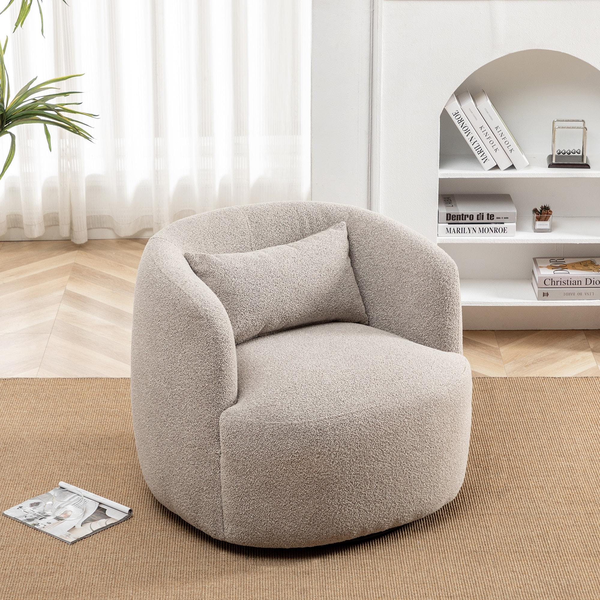 Boucle Upholstered Swivel Armchair Taupe - Kinwell: Pine Frame, 360° Metal Base, 300 lbs Capacity