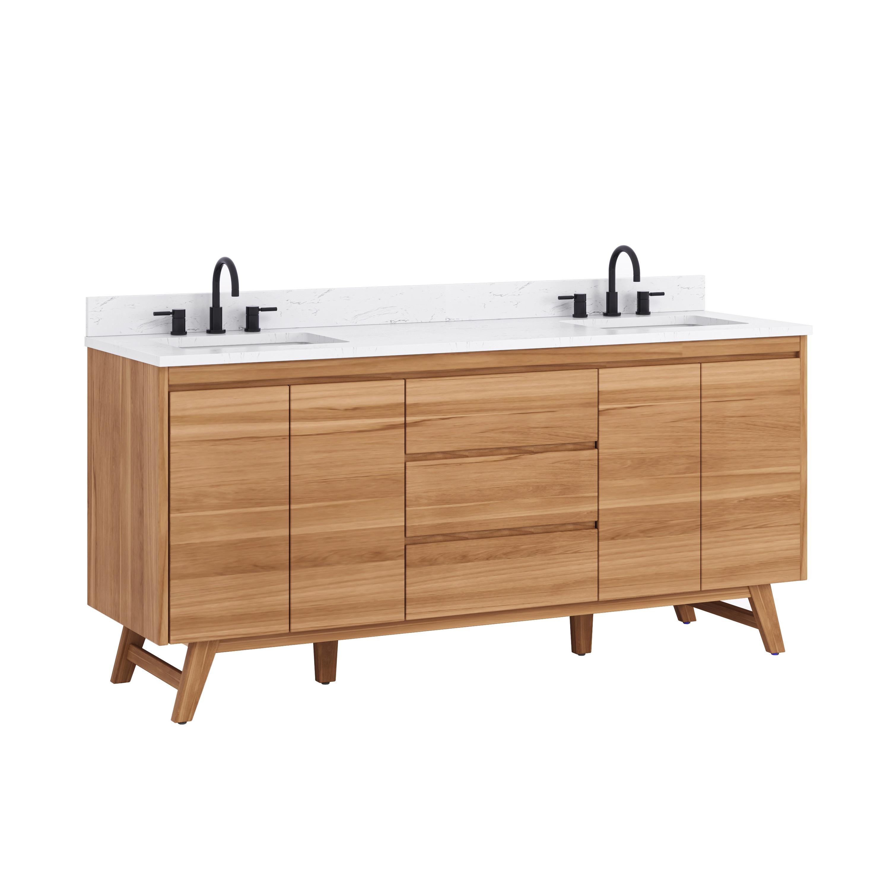 Coventry 73 in. Double Sink Bath Vanity in Natural Teak with Cala White Engineered Stone Top