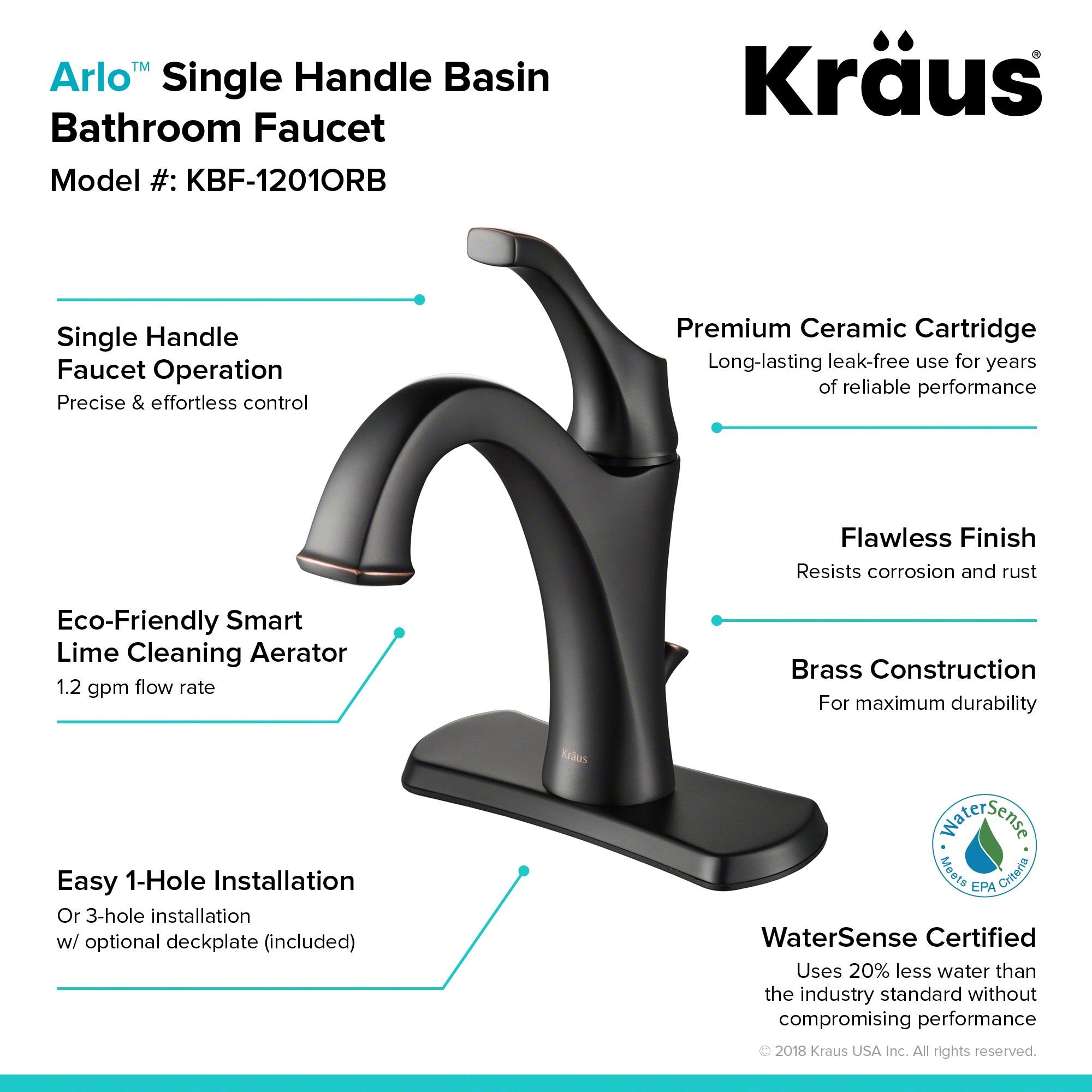 Kraus Arlo Single Hole 1-Handle WaterSense Bathroom Sink Faucet with Drain and Deck Plate